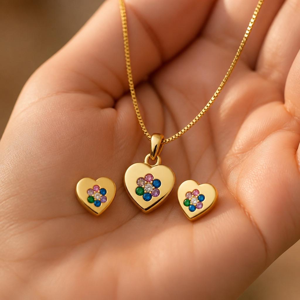 Juego Pendientes y Gargantilla corazón de Plata de ley chapada en Oro con Circonitas de colores 4