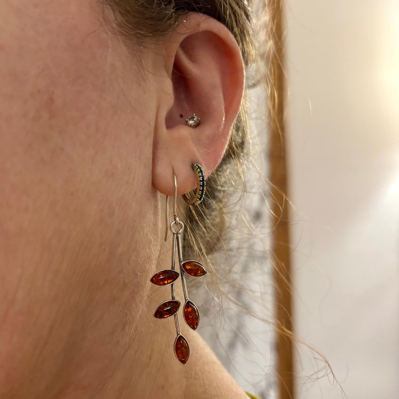 Pendientes largos hojas de Plata de ley con ámbar 5