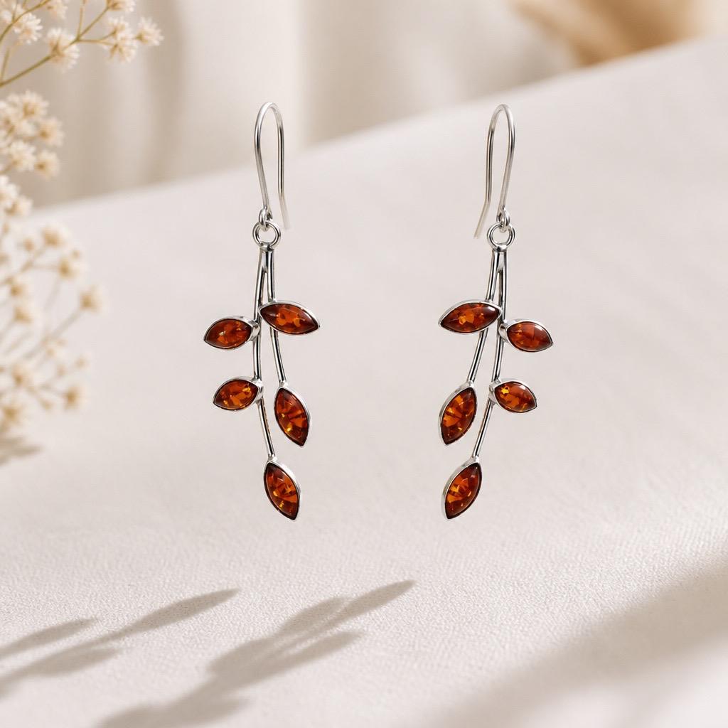 Pendientes largos hojas de Plata de ley con ámbar 4