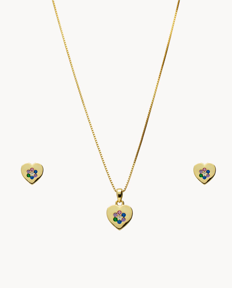 Juego Pendientes y Gargantilla corazón de Plata de ley chapada en Oro con Circonitas de colores