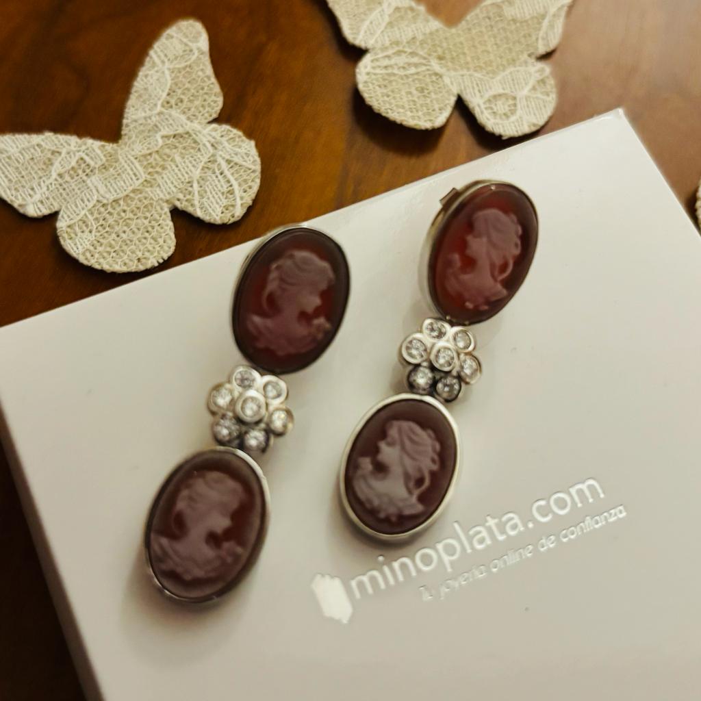 Pendientes Camafeo flor de Plata de ley con Circonitas