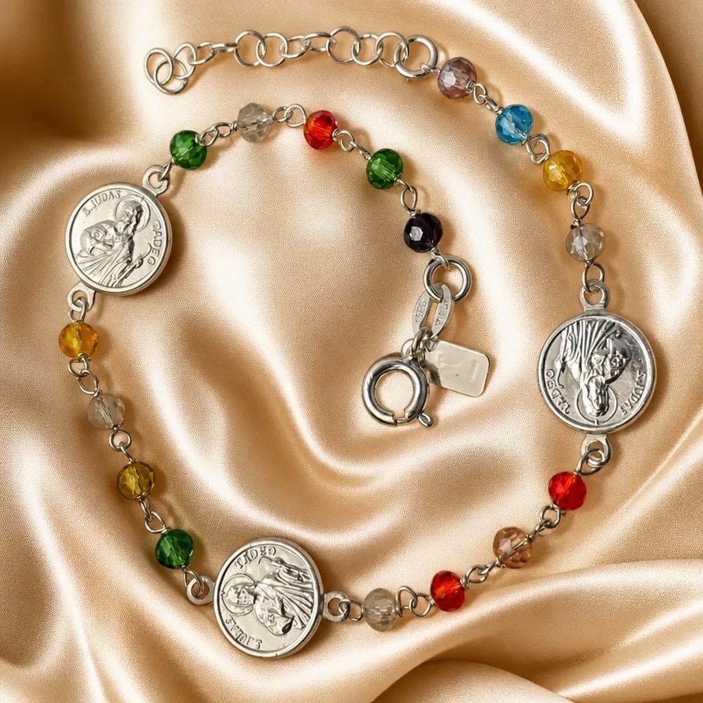 Pulsera medallas de San Judas Tadeo en Plata de ley 925 con piedrecitas de colores 3