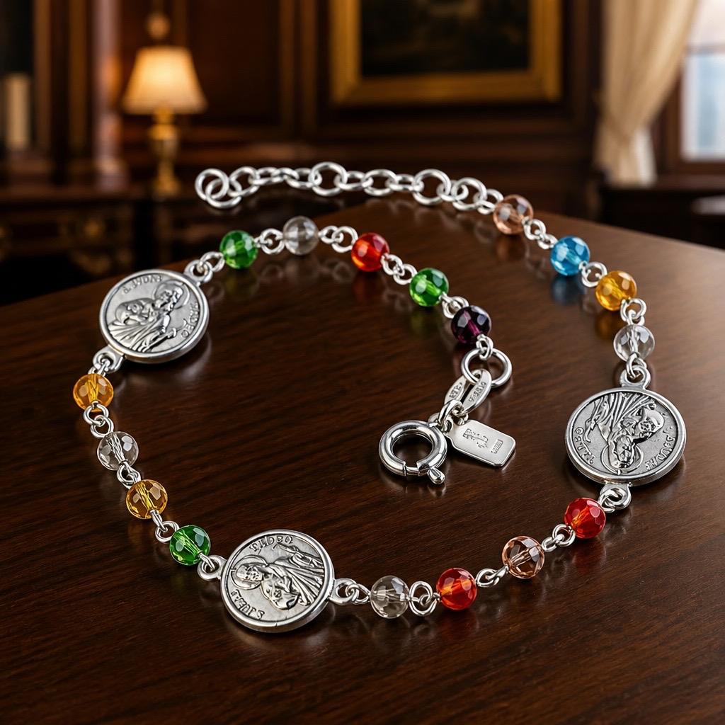 Pulsera medallas de San Judas Tadeo en Plata de ley 925 con piedrecitas de colores