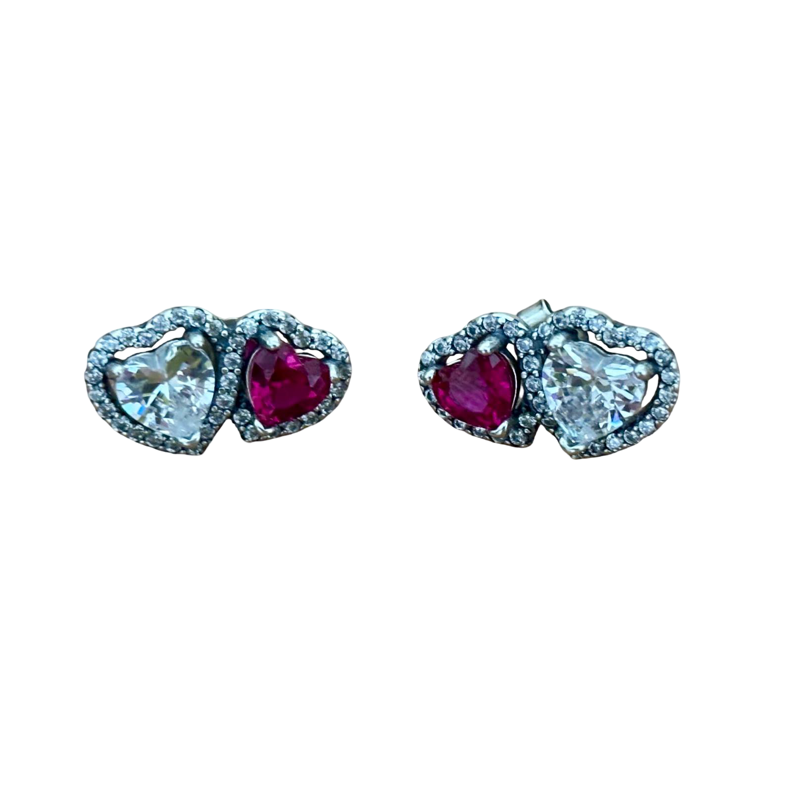 Pendientes Doble Corazón en Plata de Ley 925 con Circonitas Blancas y Rojo Rubí
