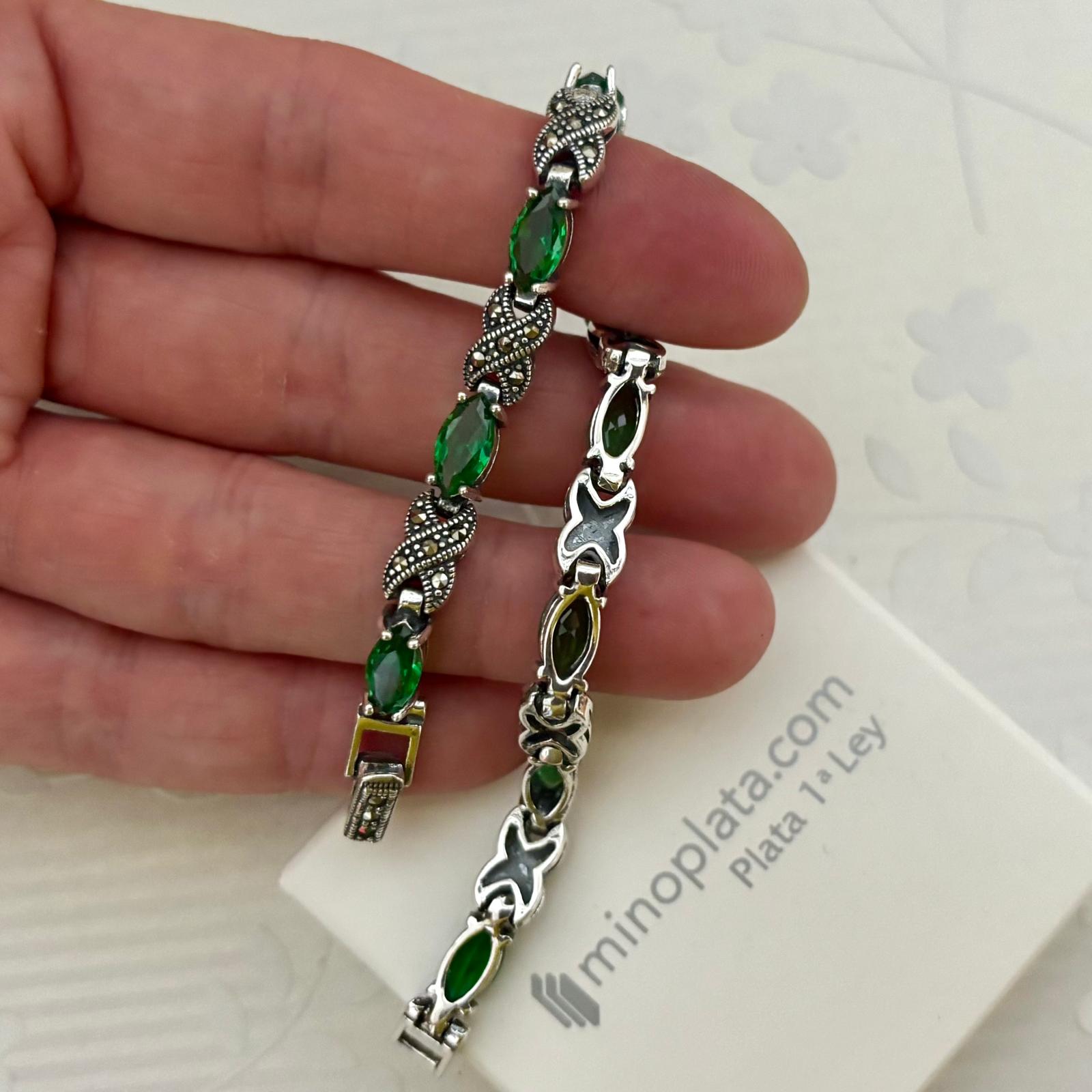 Pulsera de Plata de 1ª Ley con Circonitas Verdes y Marcasitas