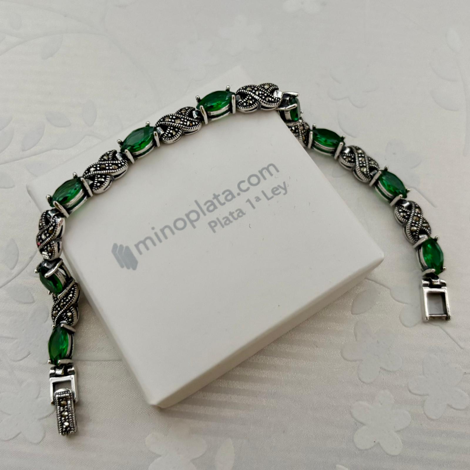 Pulsera de Plata de 1ª Ley con Circonitas Verdes y Marcasitas 3