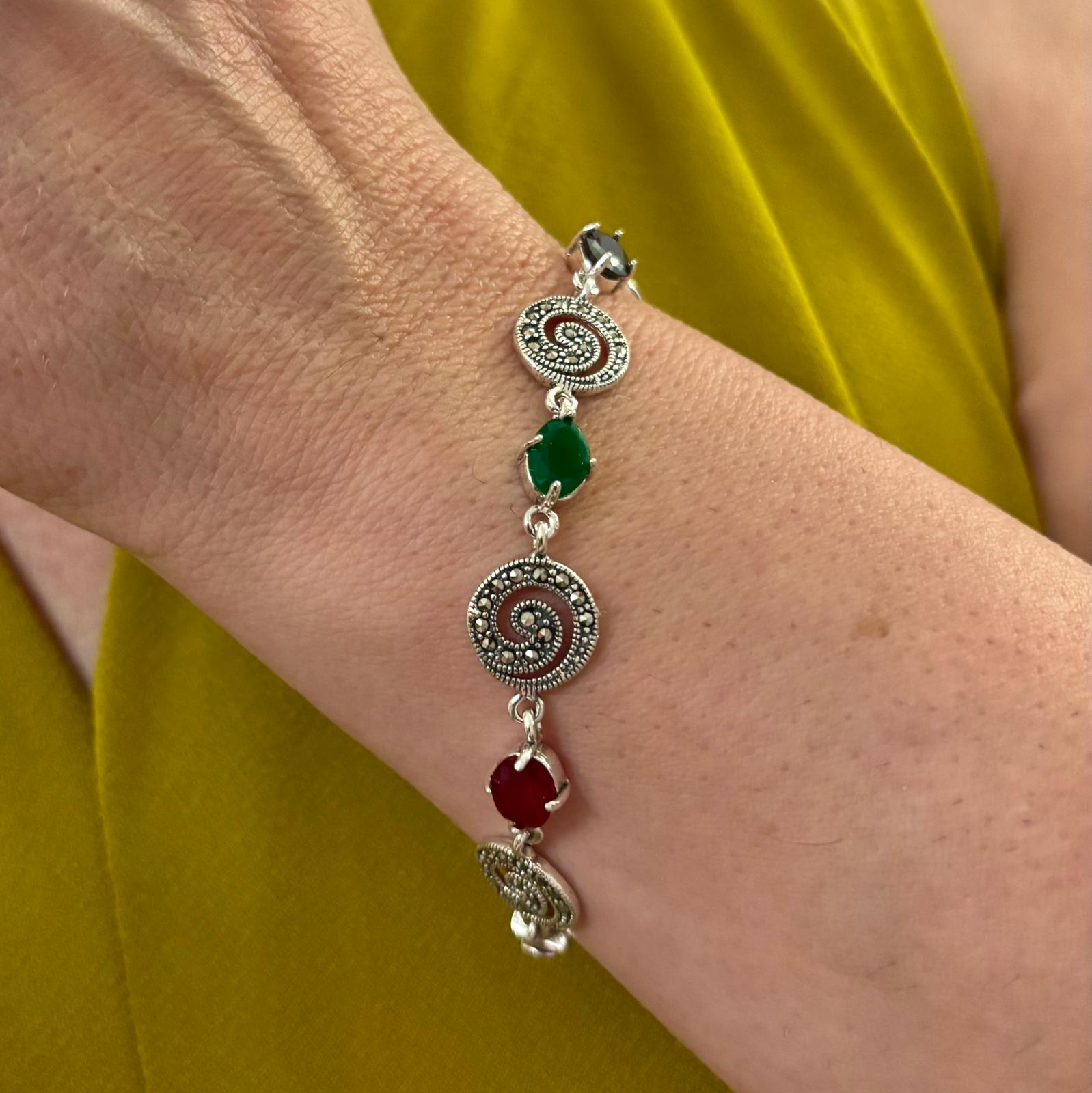 Pulsera de Plata de Ley Envejecida con Marcasitas y Piedras de Colores