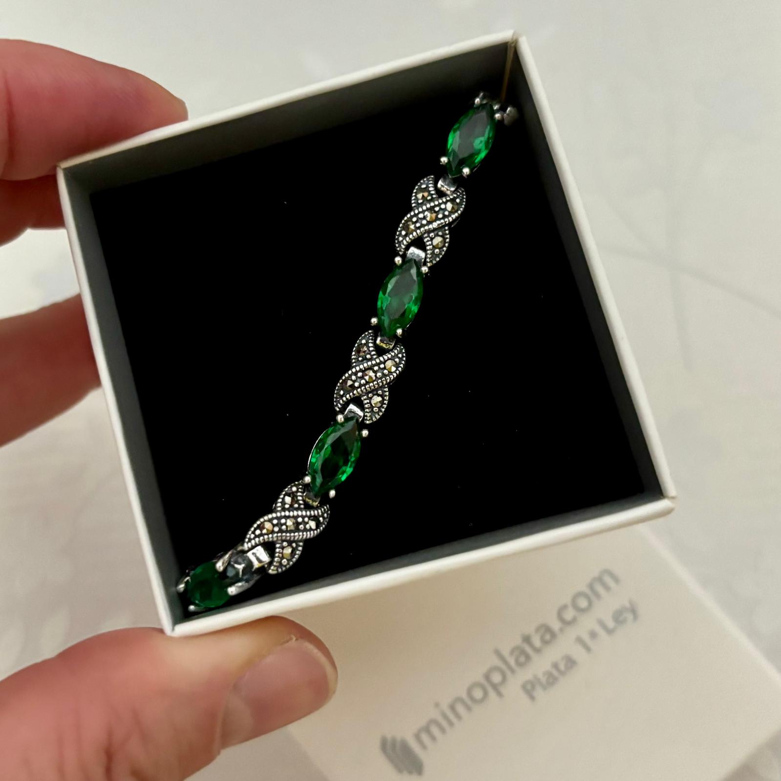Pulsera de Plata de 1ª Ley con Circonitas Verdes y Marcasitas 4