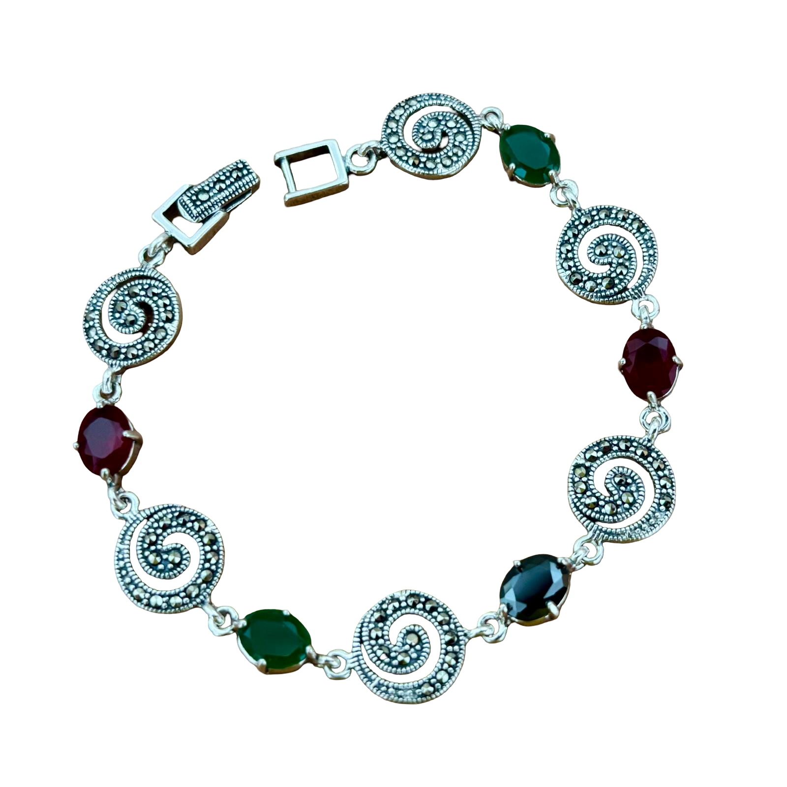 Pulsera de Plata de Ley Envejecida con Marcasitas y Piedras de Colores