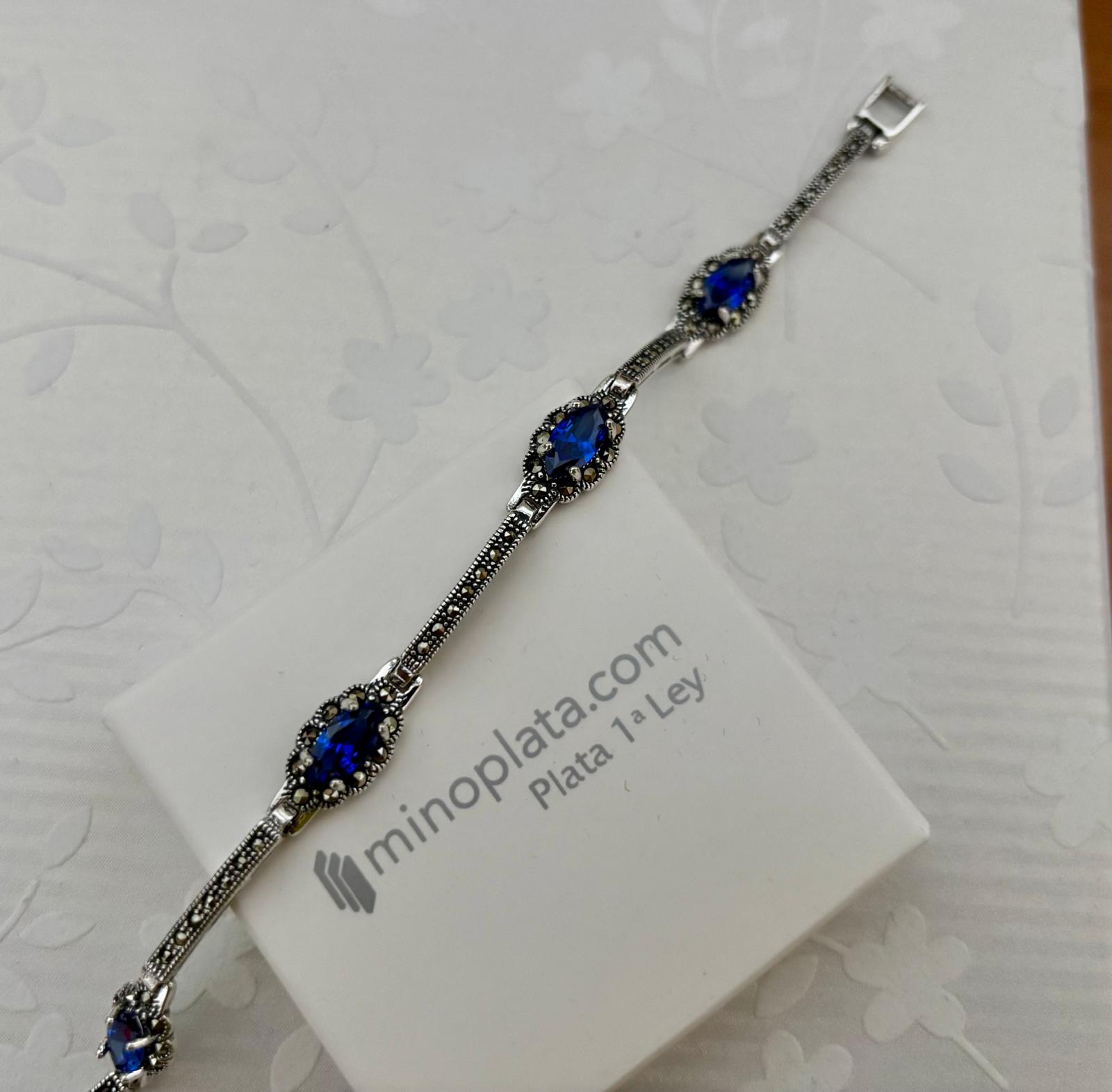 Pulsera de Plata de 1ª Ley con Circonitas Azul Zafiro y Marcasitas 4
