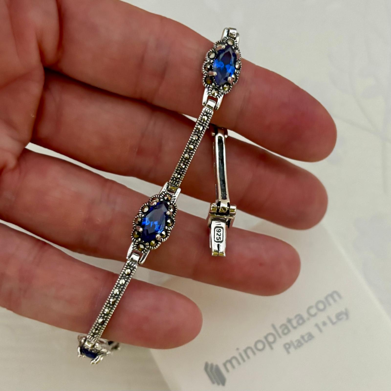 Pulsera de Plata de 1ª Ley con Circonitas Azul Zafiro y Marcasitas