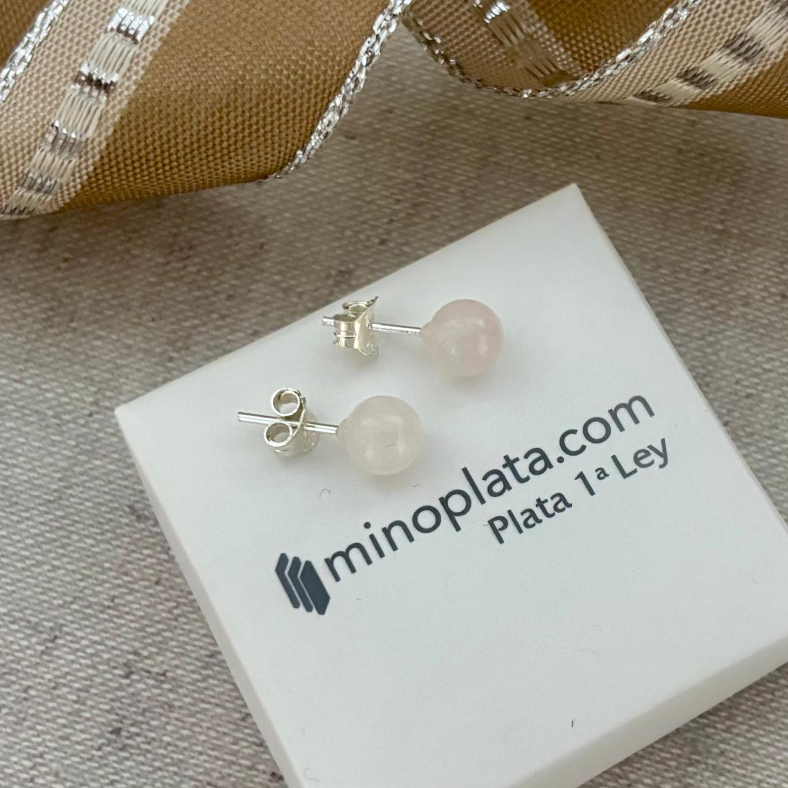 Pendientes bola 6mm de cuarzo rosa en Plata de ley 925 4