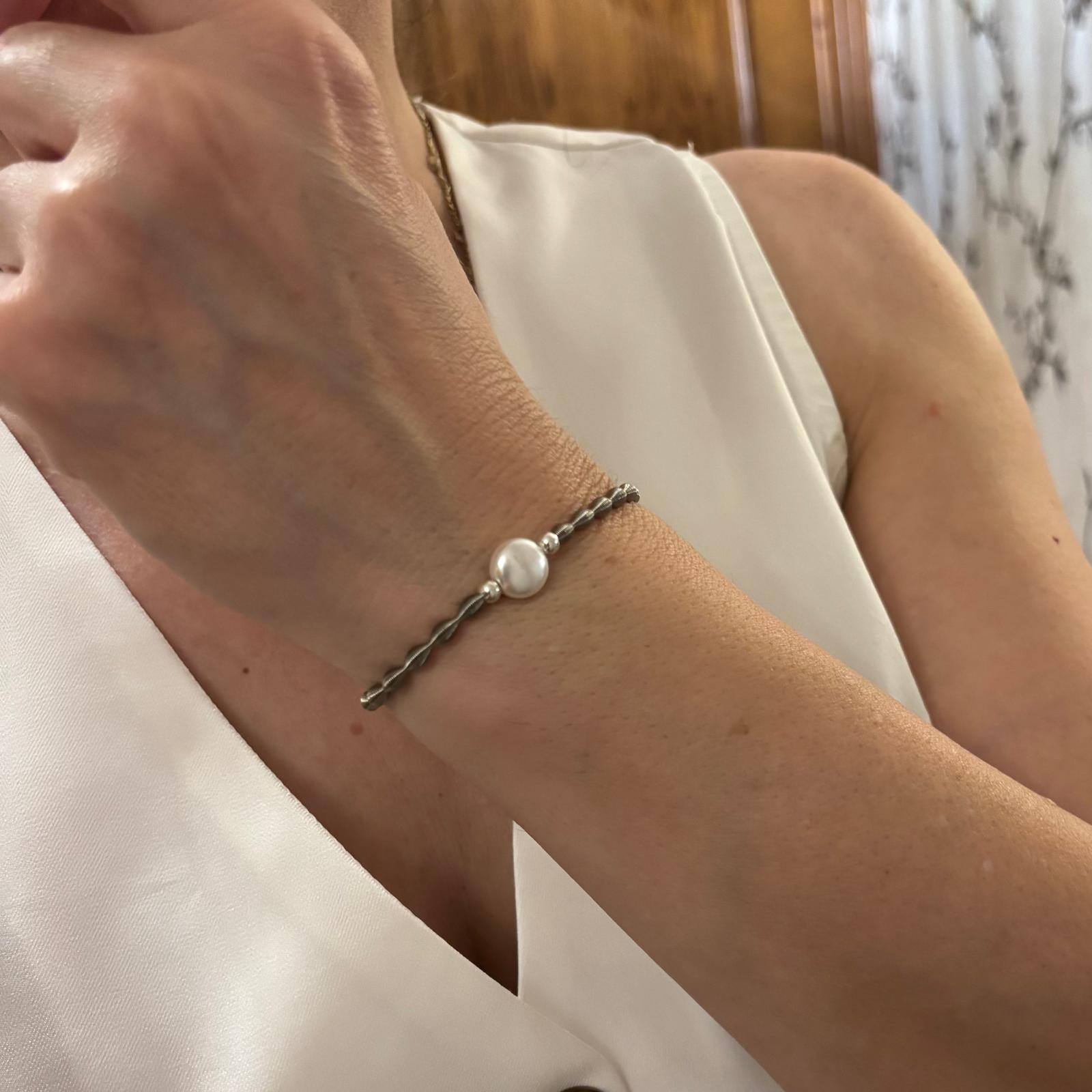 Pulsera elástica ondas de Acero inoxidable con Perla plana y bolas de Plata de ley 925 3