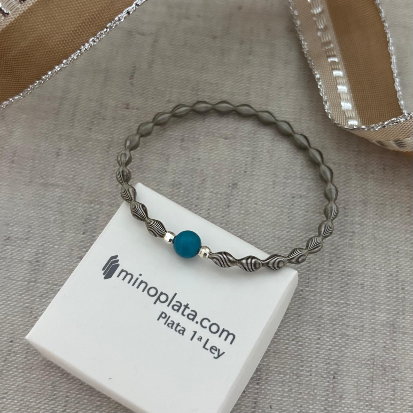Pulsera elástica de Acero con bolita color turquesa y Plata de ley 925 4