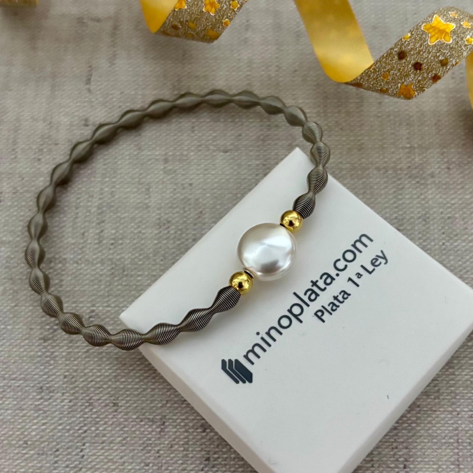 Pulsera elástica ondas de Acero inoxidable con Perla plana y bolas de Plata de ley 925 chapadas en oro 3