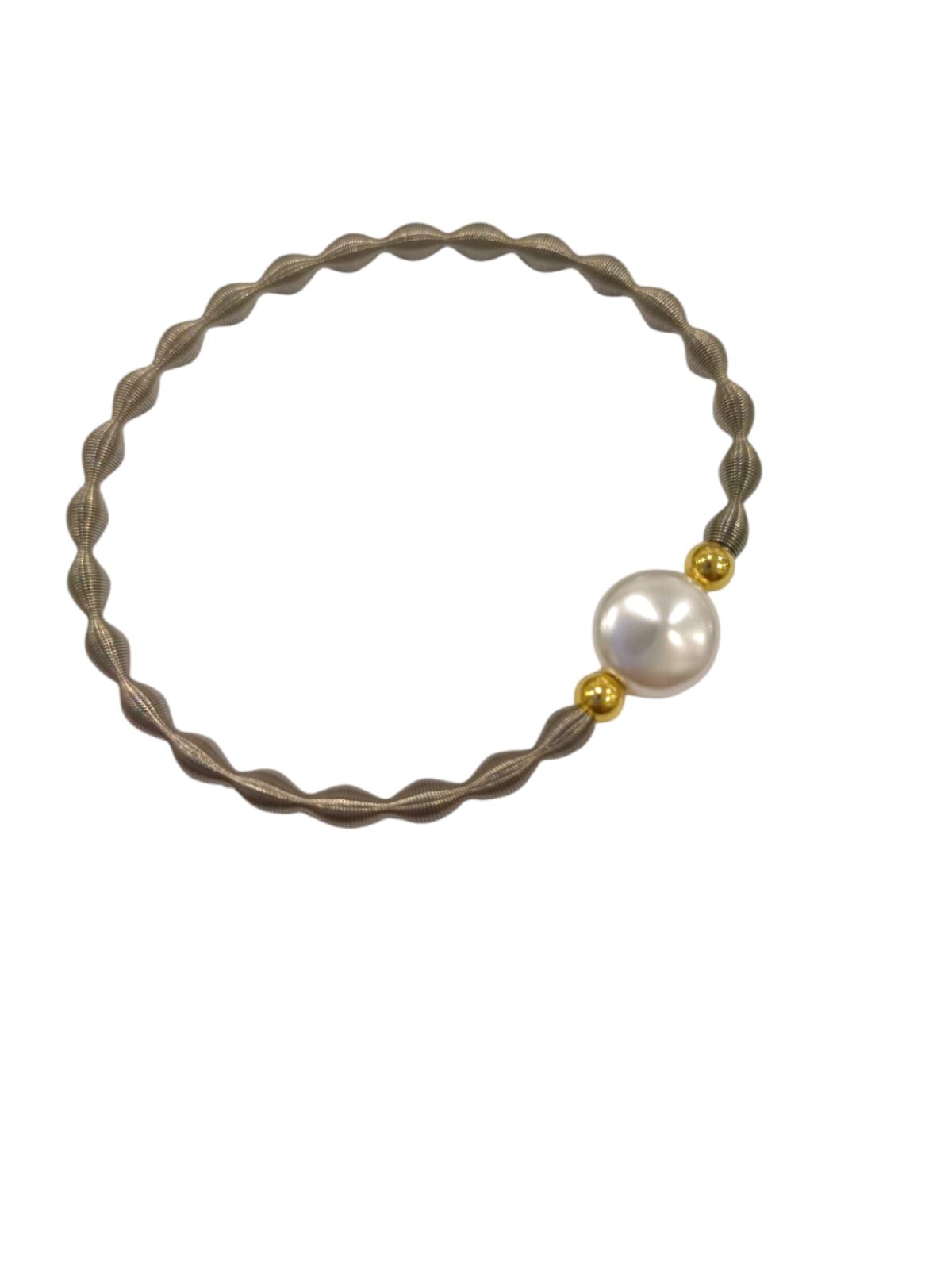 Pulsera elástica ondas de Acero inoxidable con Perla plana y bolas de Plata de ley 925 chapadas en oro