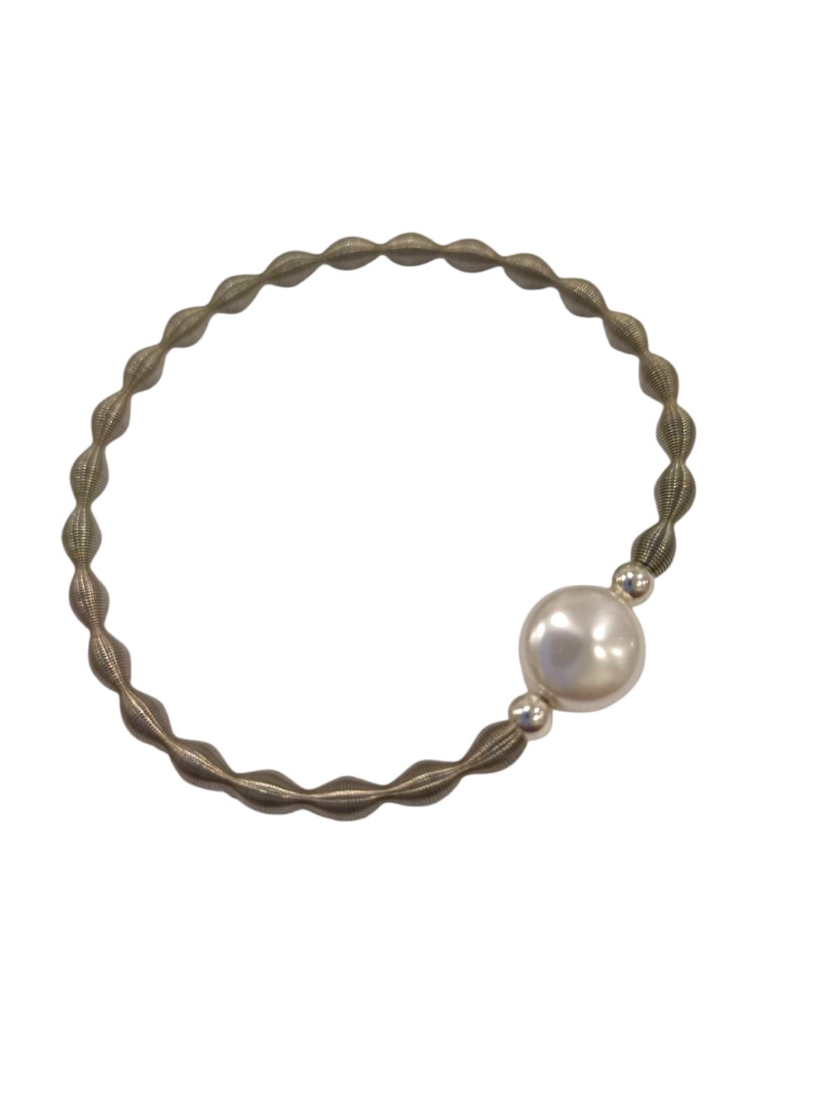 Pulsera elástica ondas de Acero inoxidable con Perla plana y bolas de Plata de ley 925