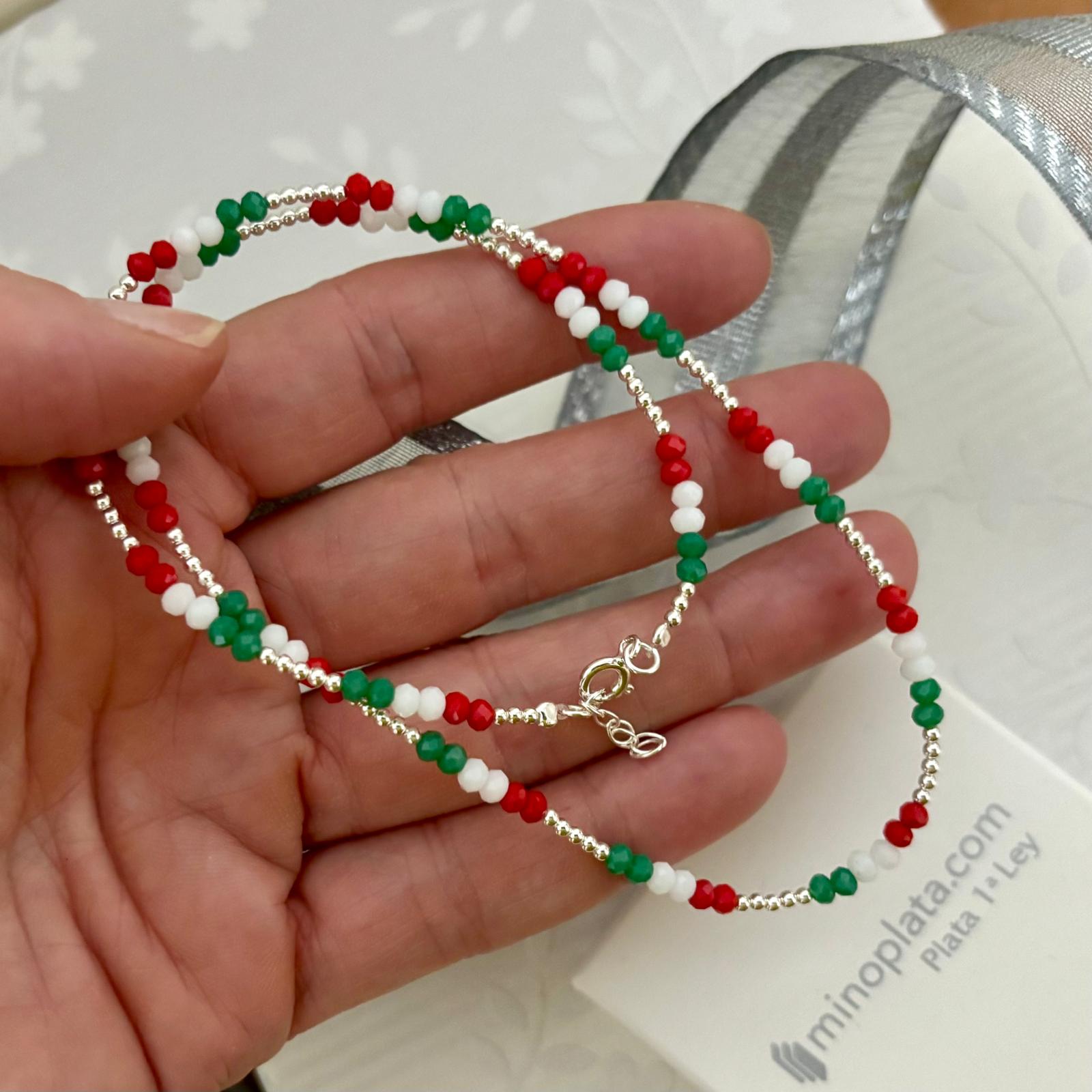 Gargantilla unisex piedras bandera italiana con bolitas de Plata de ley 925