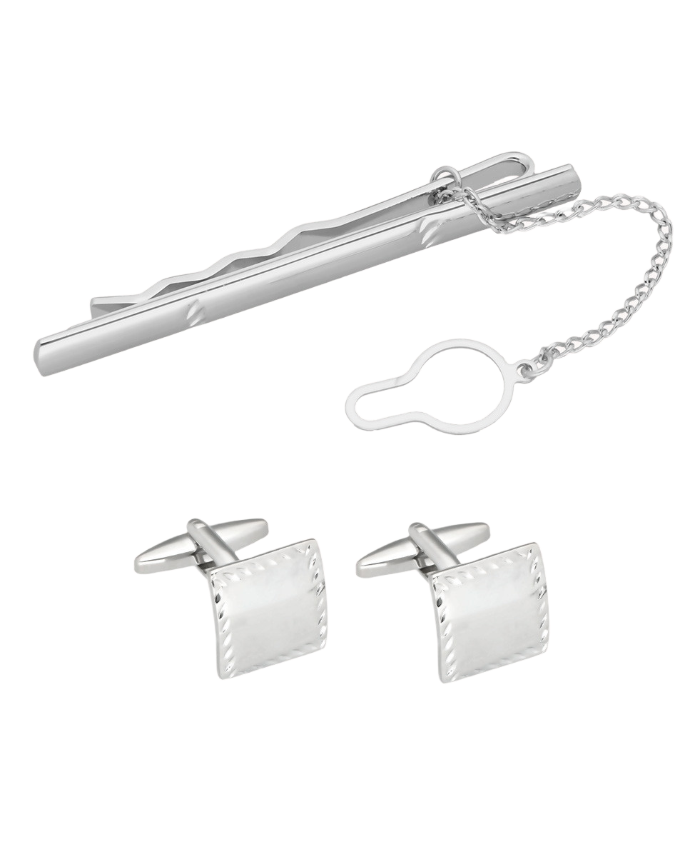Juego Gemelos y Pasacorbatas talla metal con baño de Rodio