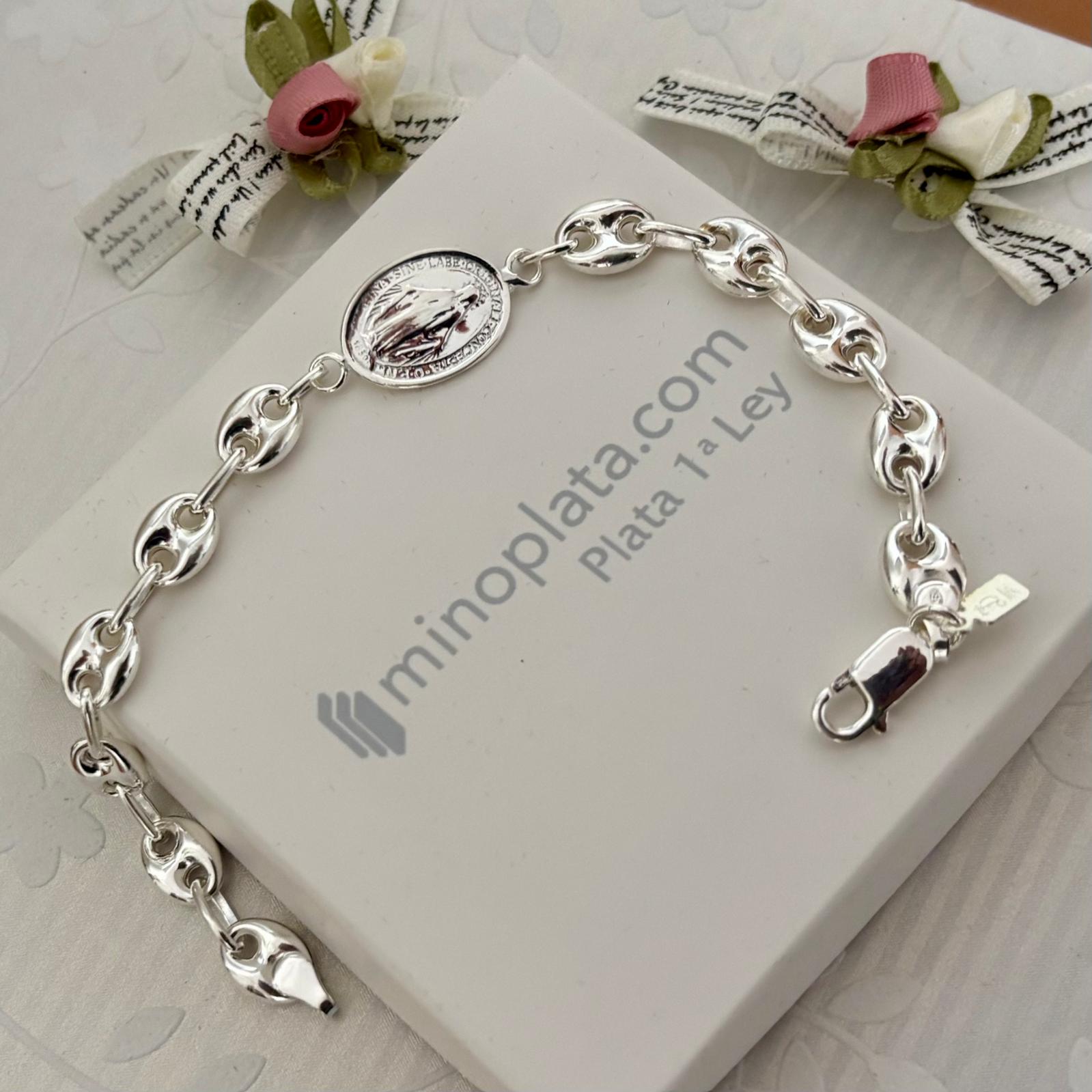 Pulsera calabrote de Plata de ley 925 con medalla de la Virgen Milagrosa 6