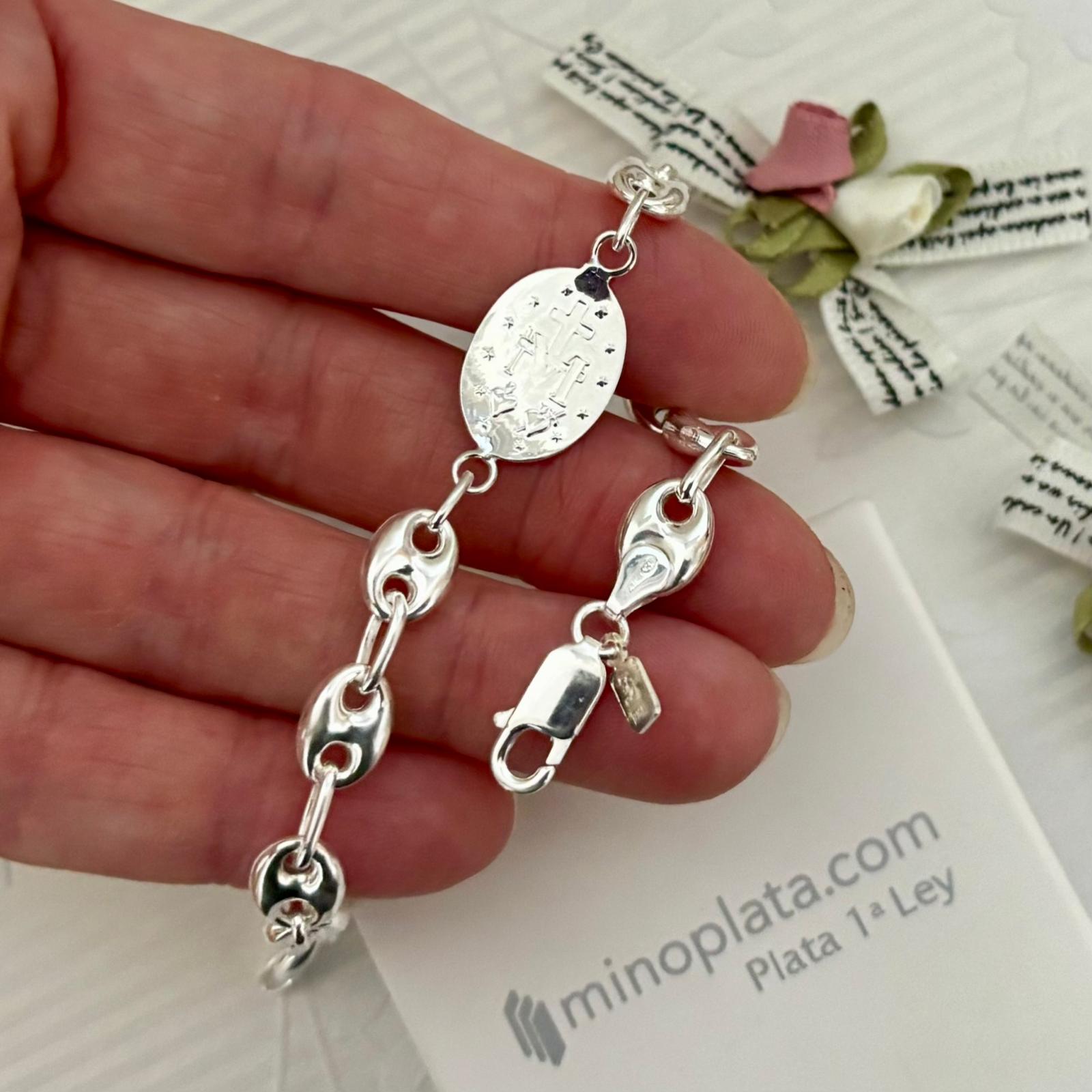 Pulsera calabrote de Plata de ley 925 con medalla de la Virgen Milagrosa 4