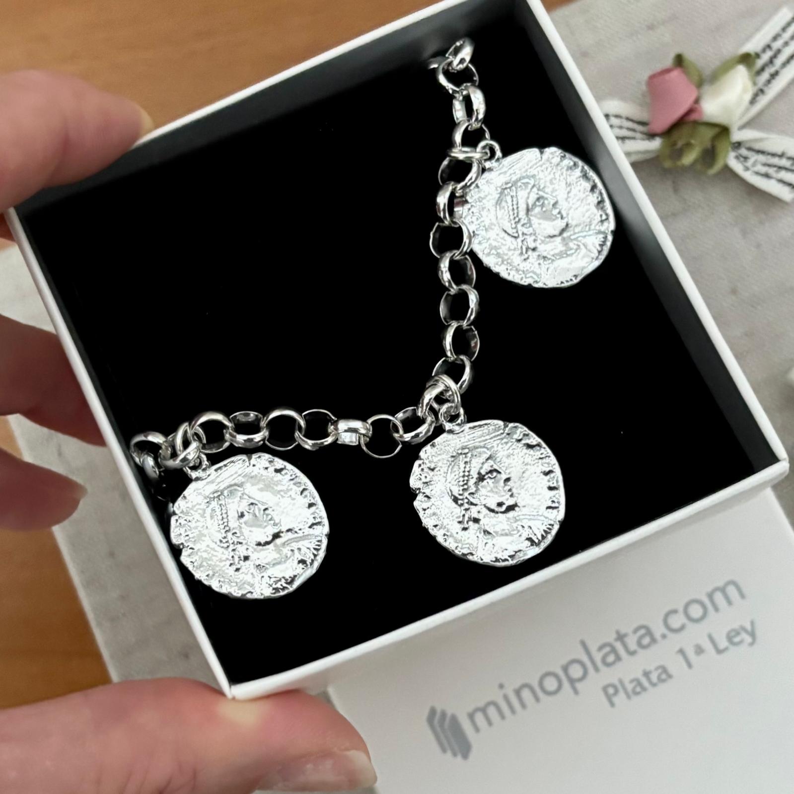 Pulsera rolo con monedas colgantes de Plata de ley 925 4