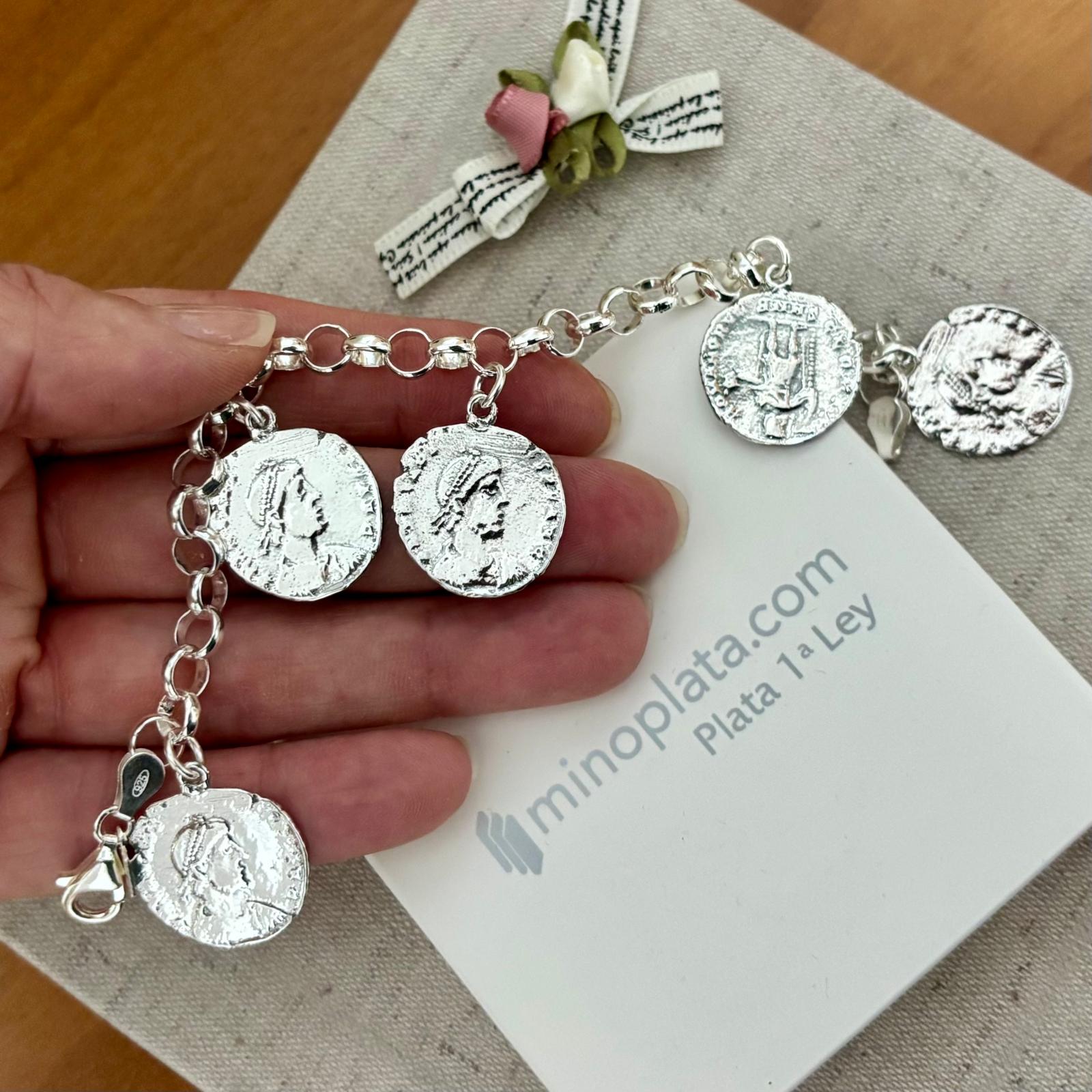 Pulsera rolo con monedas colgantes de Plata de ley 925 3