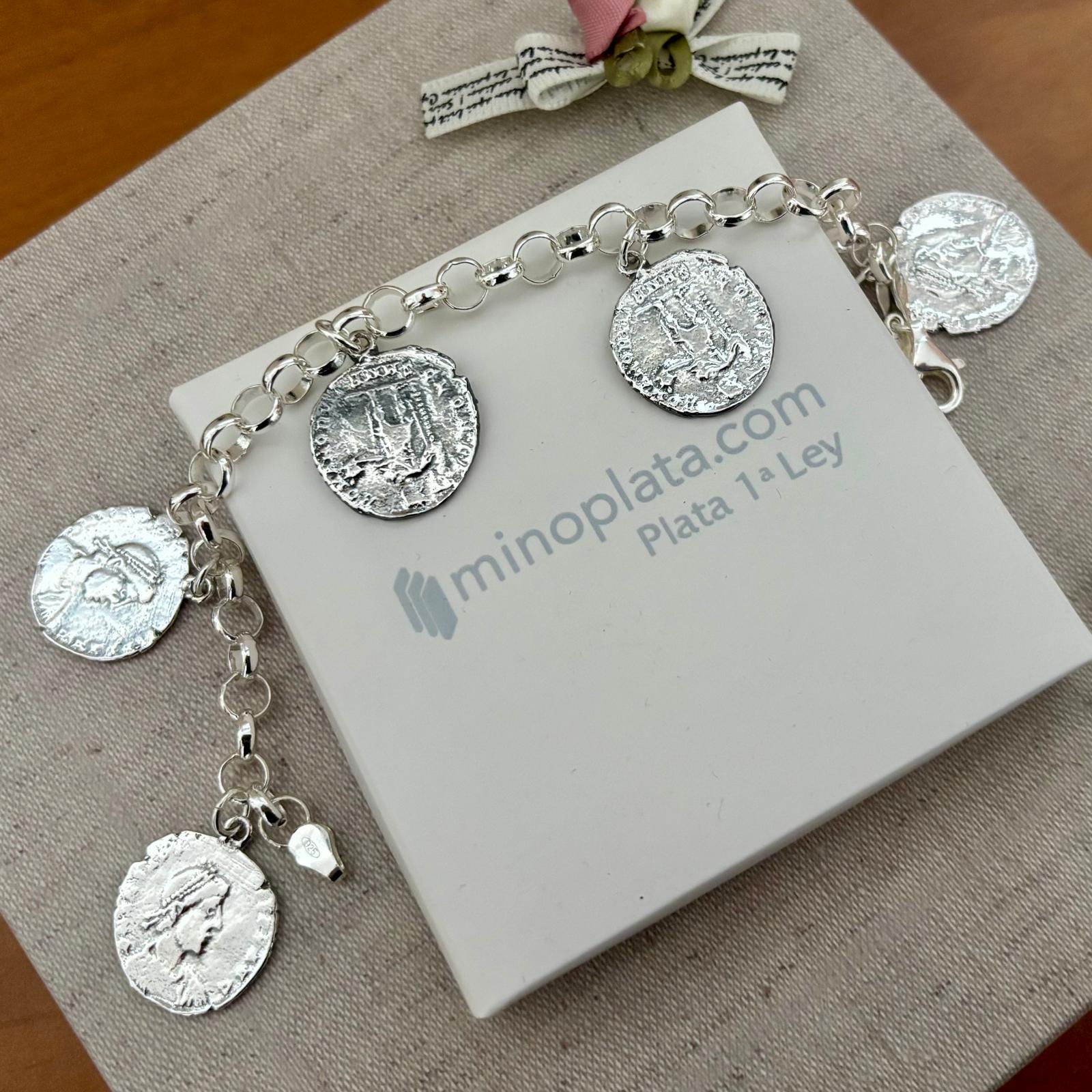 Pulsera rolo con monedas colgantes de Plata de ley 925 5