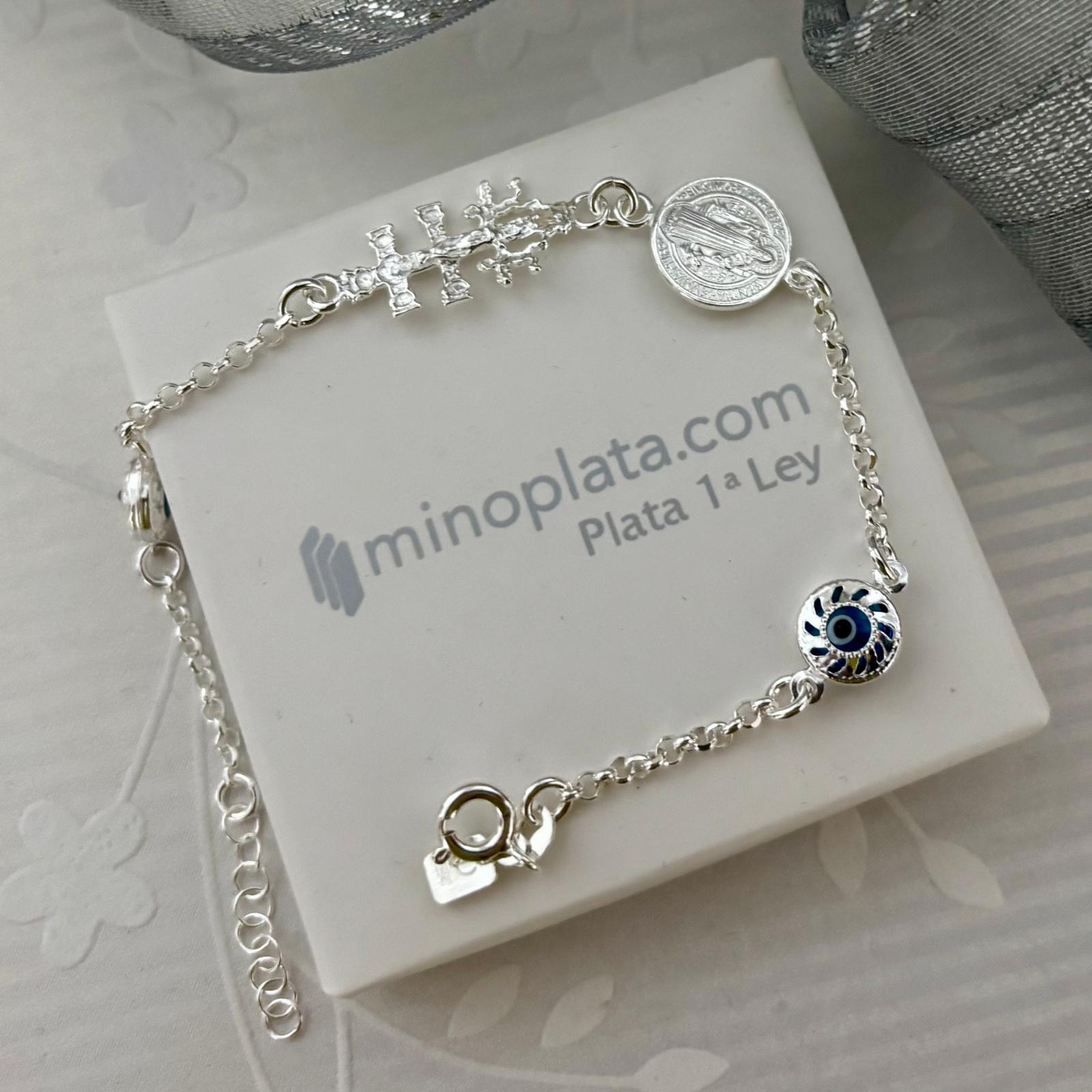 Pulsera Ojo turco con Medalla de San Benito y Cruz de Caravaca de Plata de ley 4