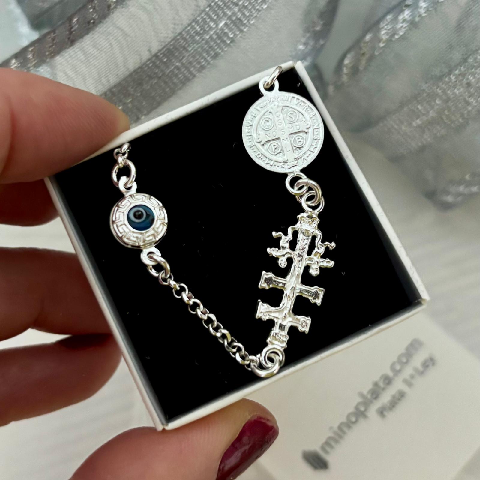 Pulsera Ojo turco con Medalla de San Benito y Cruz de Caravaca de Plata de ley 3