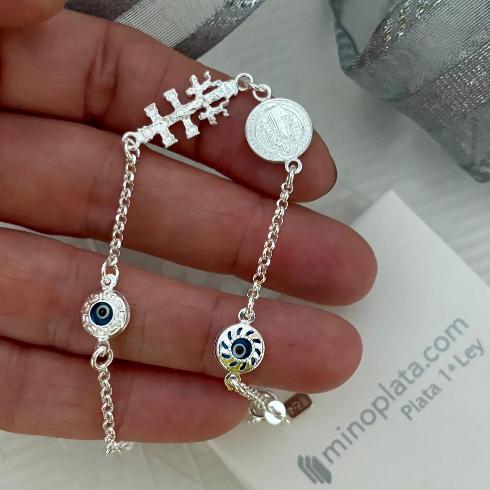Pulsera Ojo turco con Medalla de San Benito y Cruz de Caravaca de Plata de ley