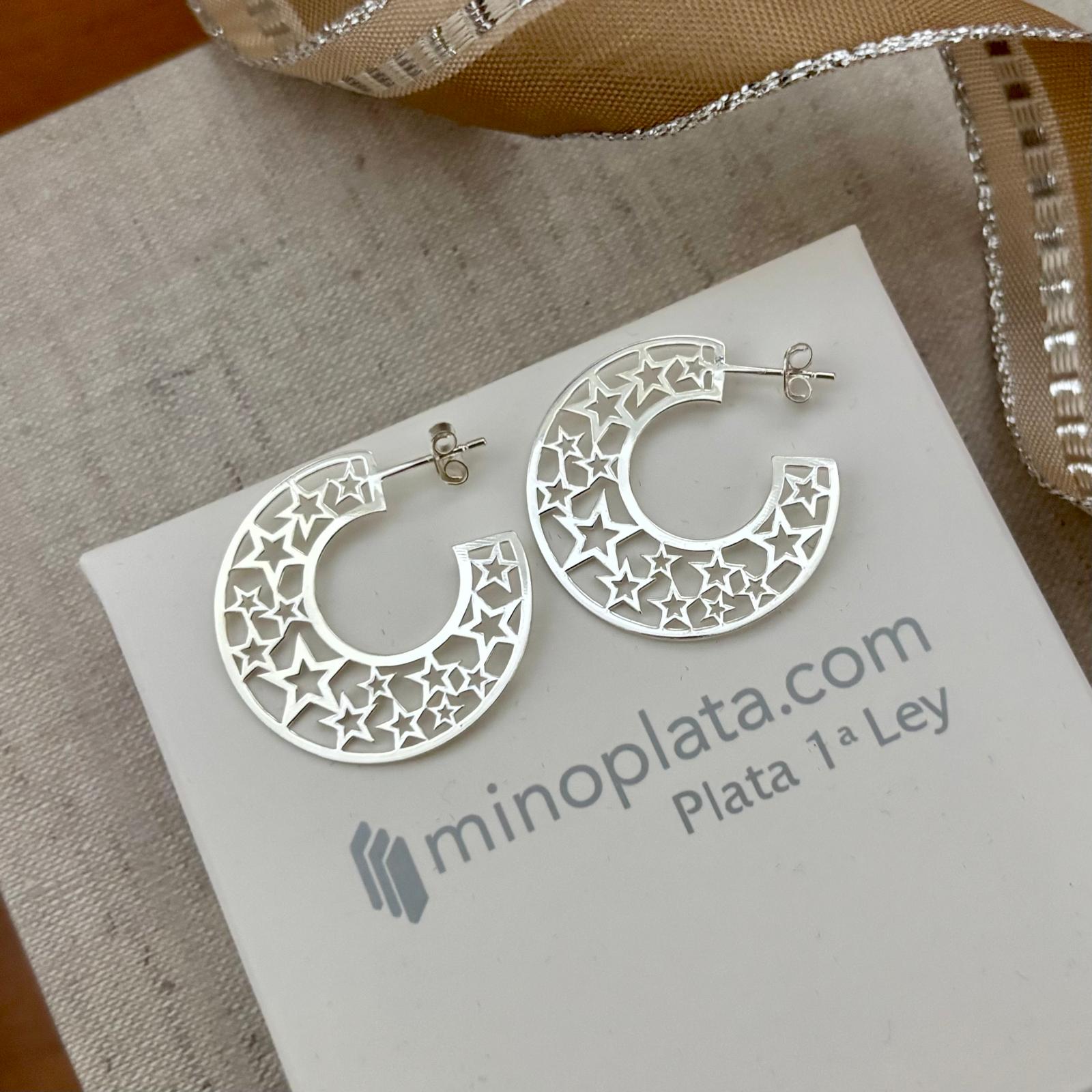 Pendientes aro de Plata de ley con estrellas caladas 28 Mm. 3