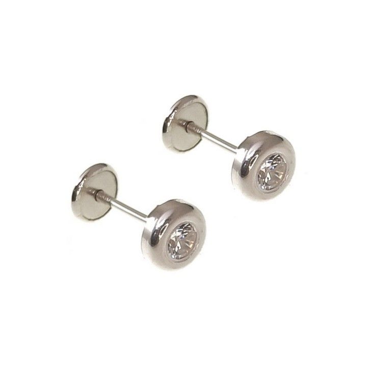 Pendientes infantiles Plata y Circonita 3mm con cierre rosca seguridad