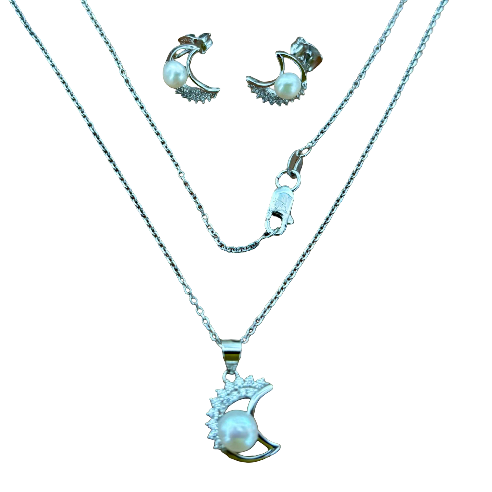 Juego Pendientes y Collar de Plata rodiada con Circonitas y Perlas cultivadas