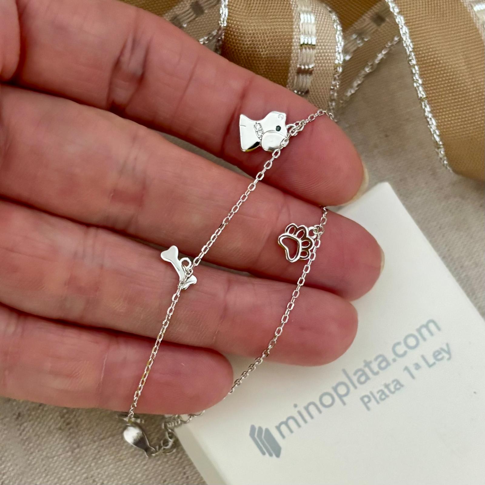 Pulsera Perro de Plata de Ley 925 rodiada con Huella y Huesito