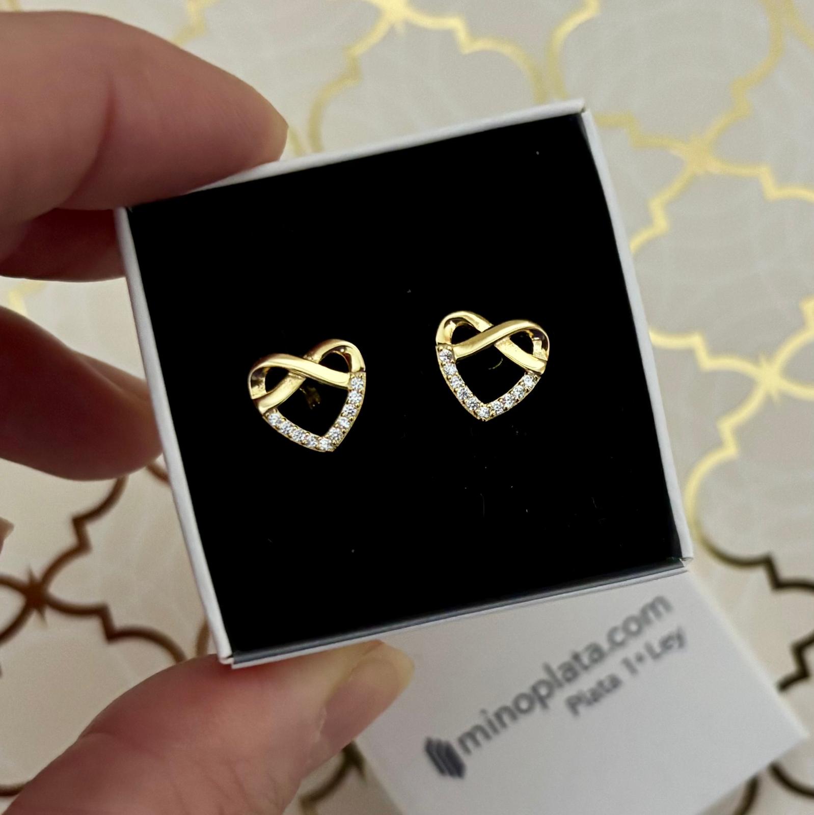 Pendientes corazón con infinito de Plata de ley chapada en Oro y Circonitas 4