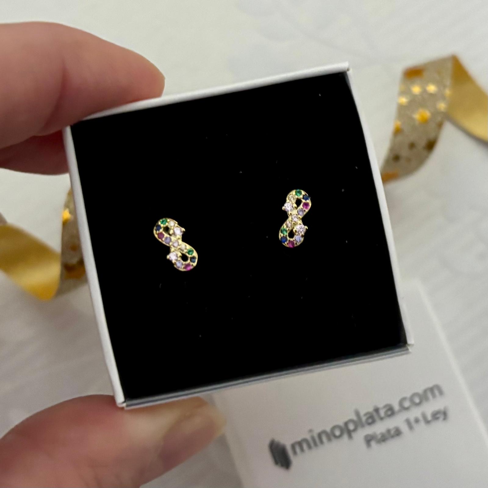 Pendientes infinito de Plata chapada en Oro con Circonitas de colores 3