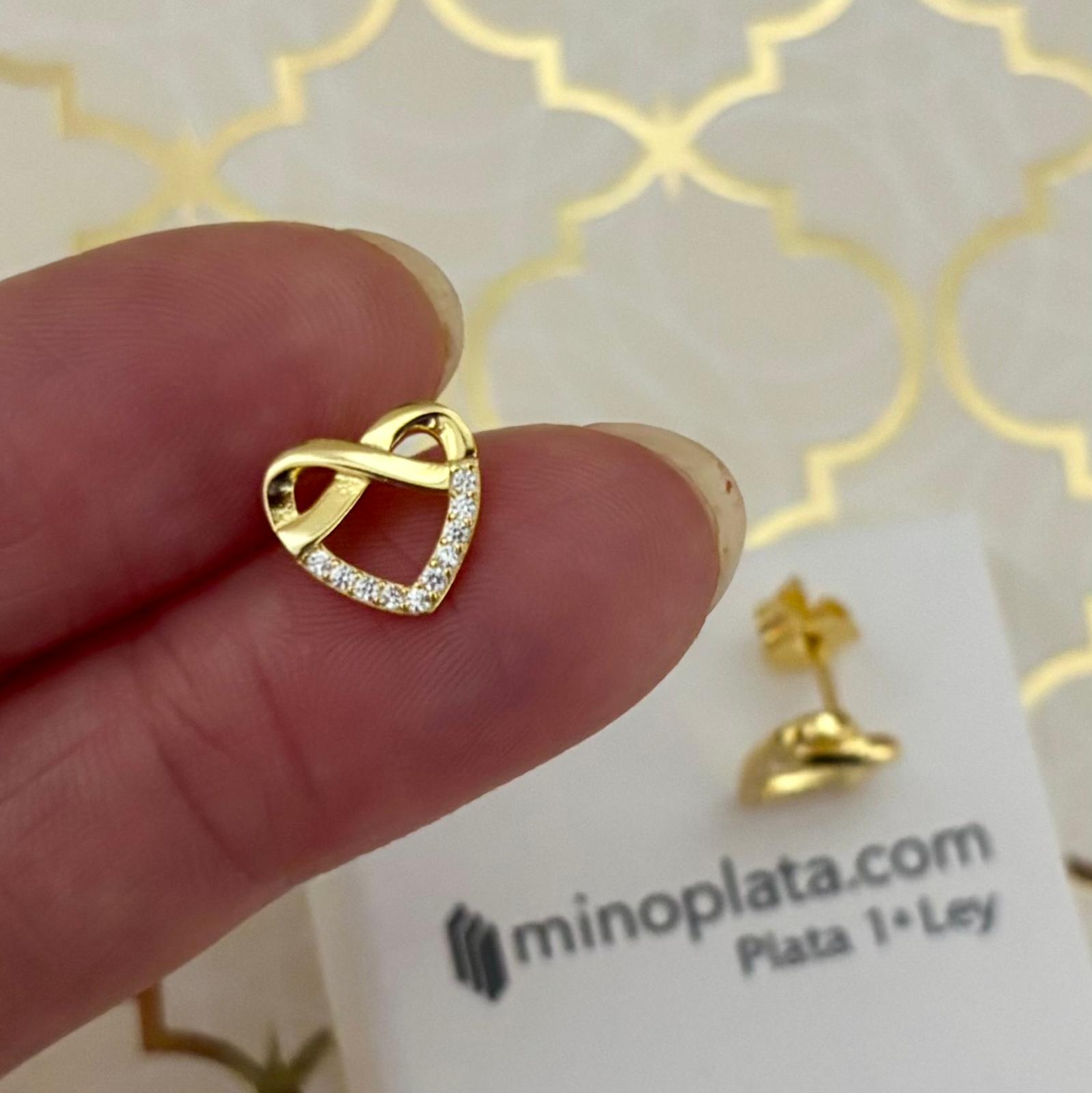 Pendientes corazón con infinito de Plata de ley chapada en Oro y Circonitas 6