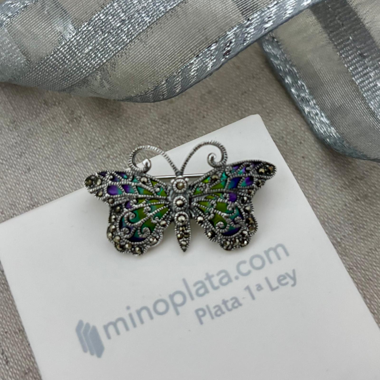 Alfiler mariposa de Plata vieja con piedras Marcasitas 4