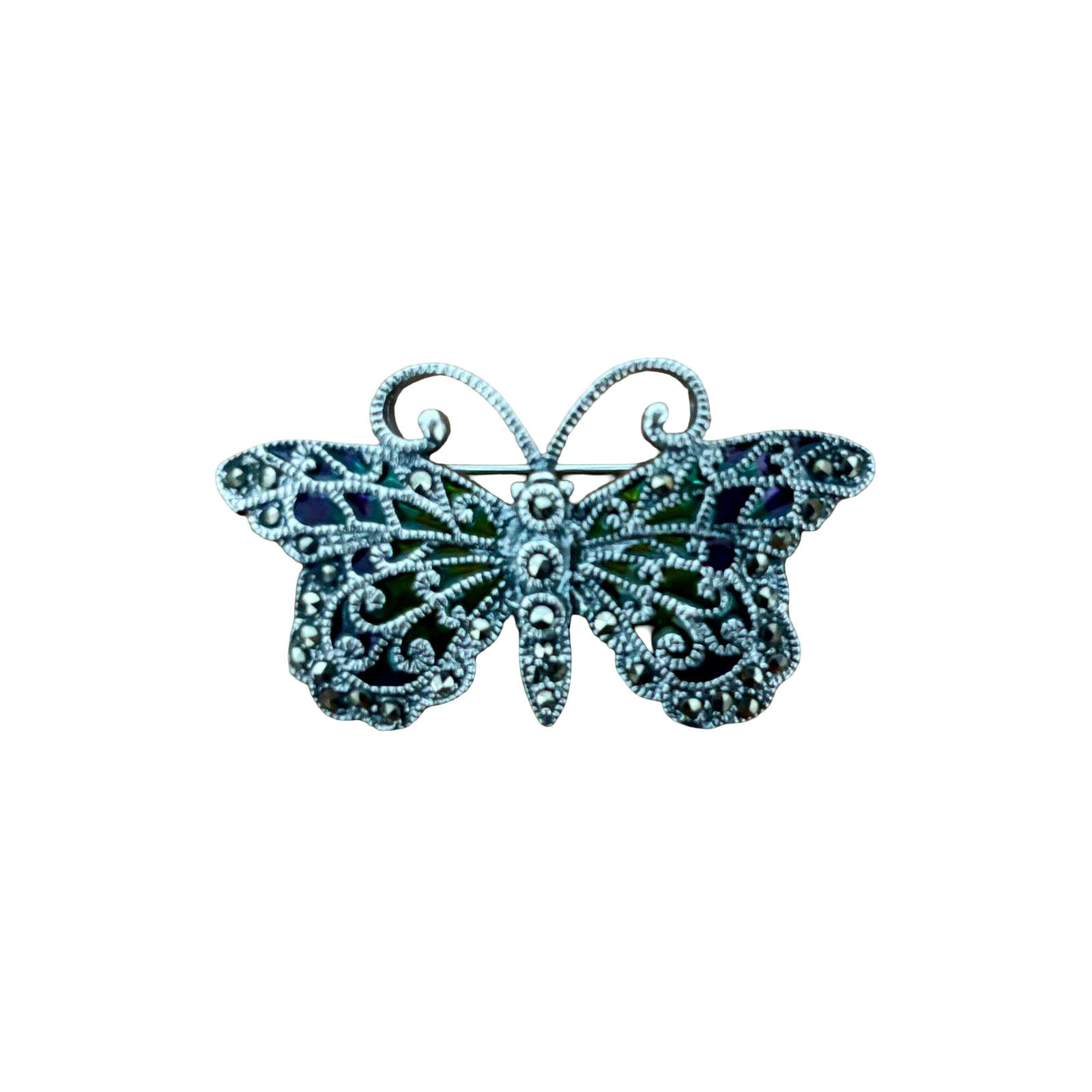 Alfiler mariposa de Plata vieja con piedras Marcasitas