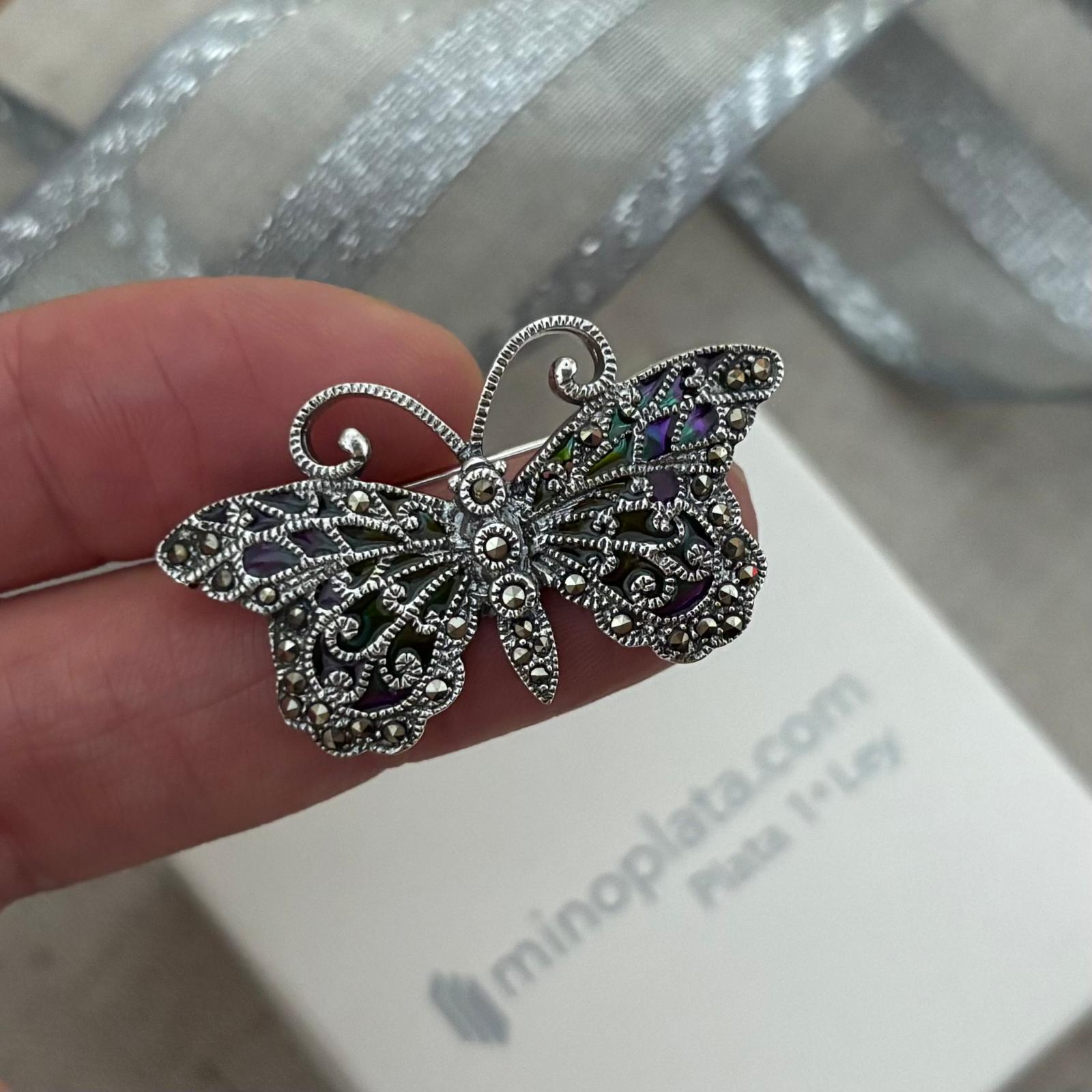 Alfiler mariposa de Plata vieja con piedras Marcasitas