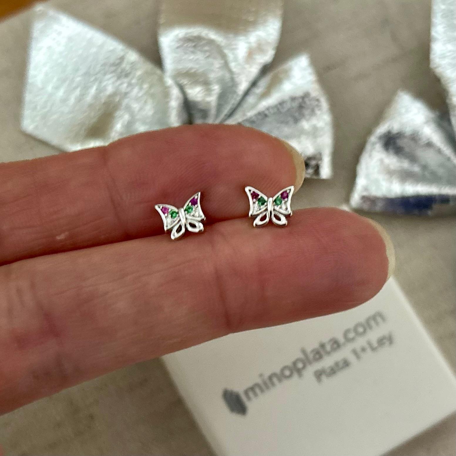 Pendientes mariposa de Plata de ley rodiada con Circonitas colores