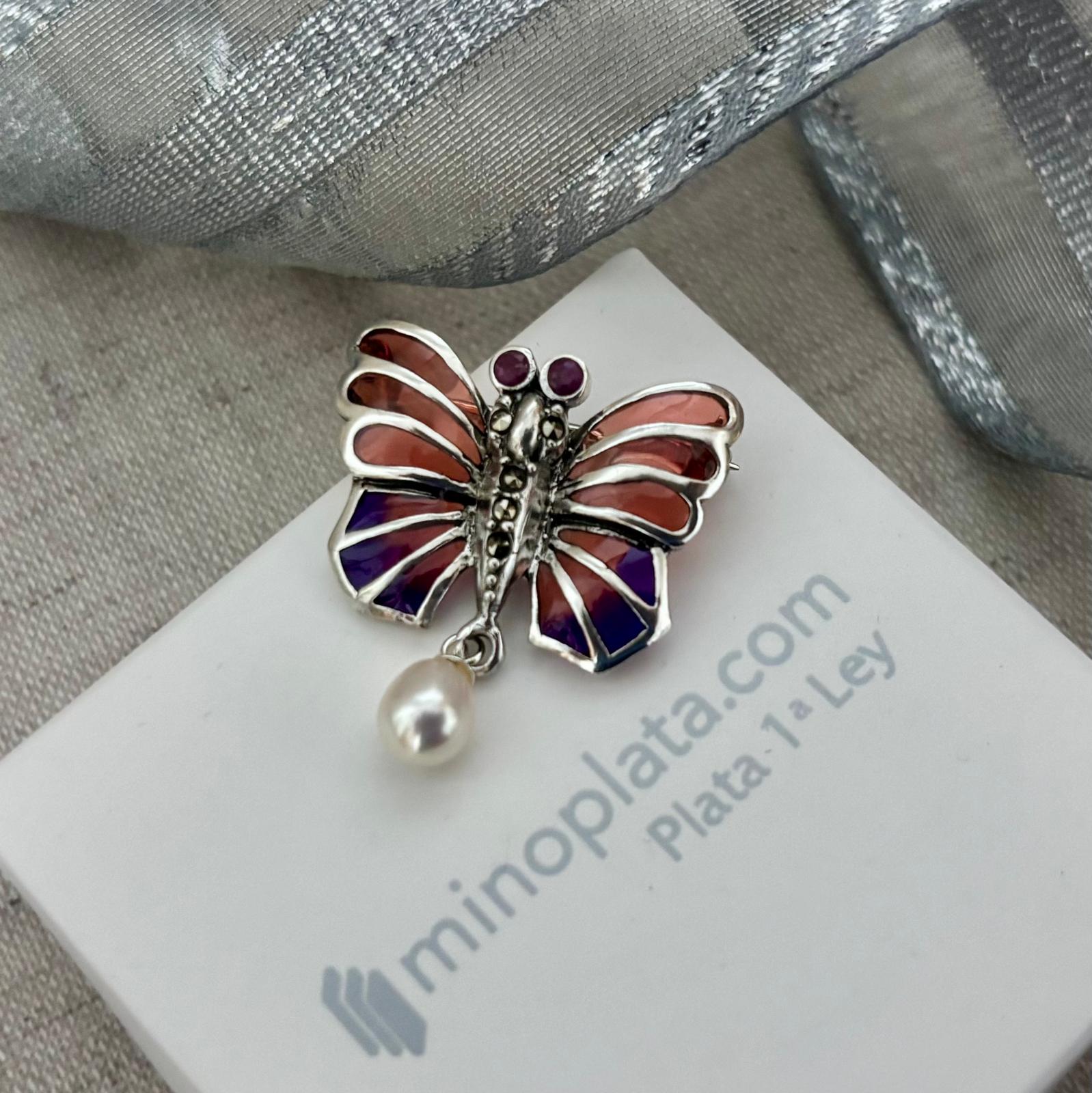 Broche mariposa de Plata vieja con Perla colgante