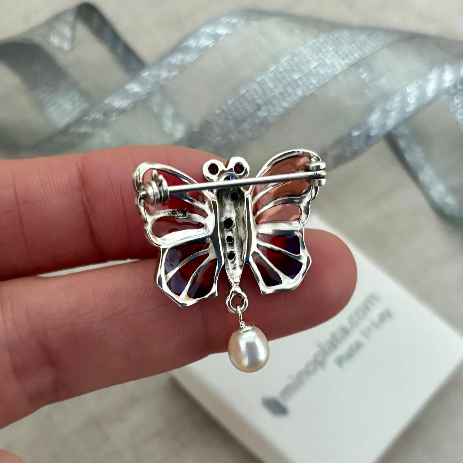 Broche mariposa de Plata vieja con Perla colgante 3