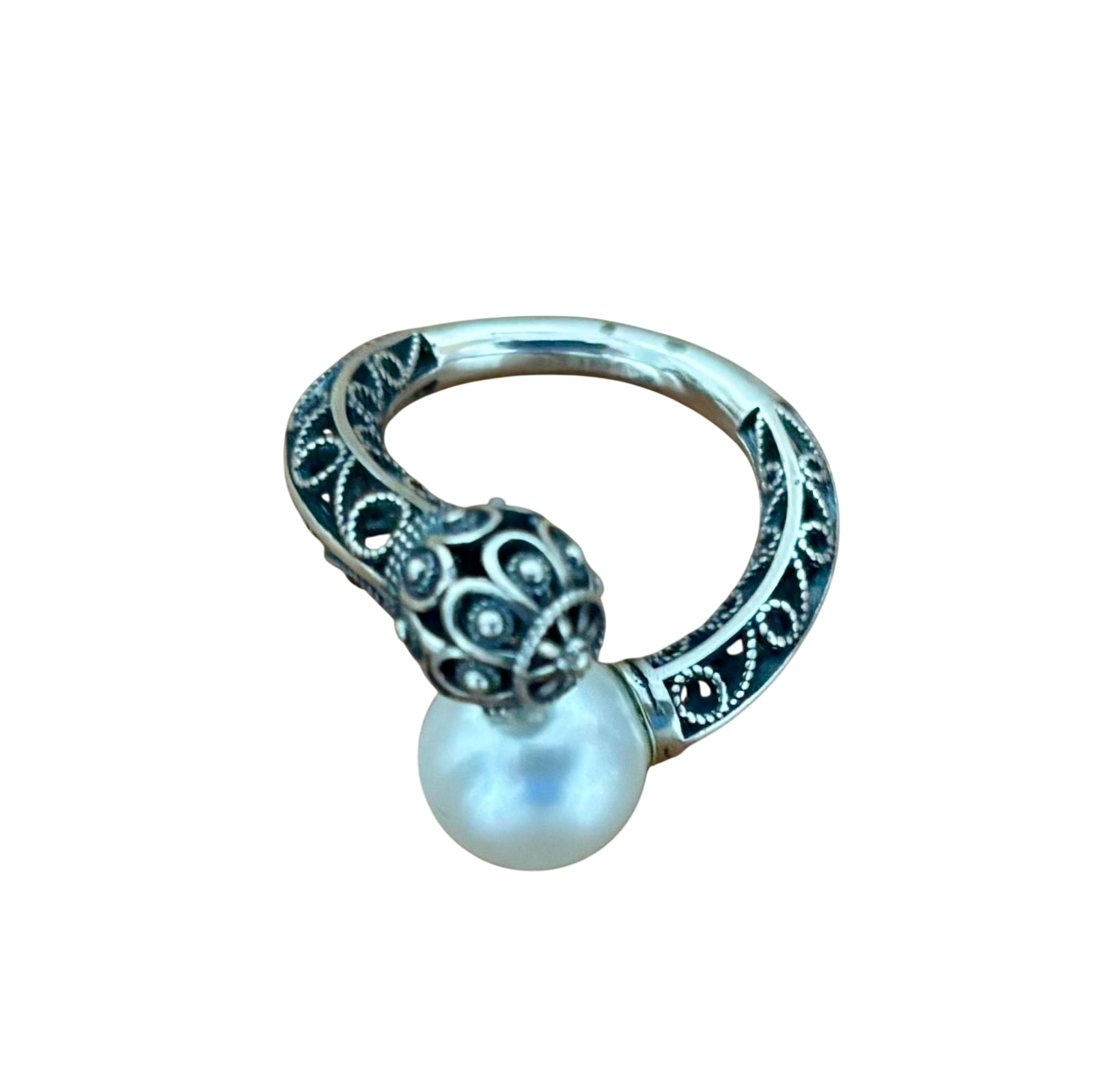 Anillo calado Perla y bola de Plata de ley envejecida