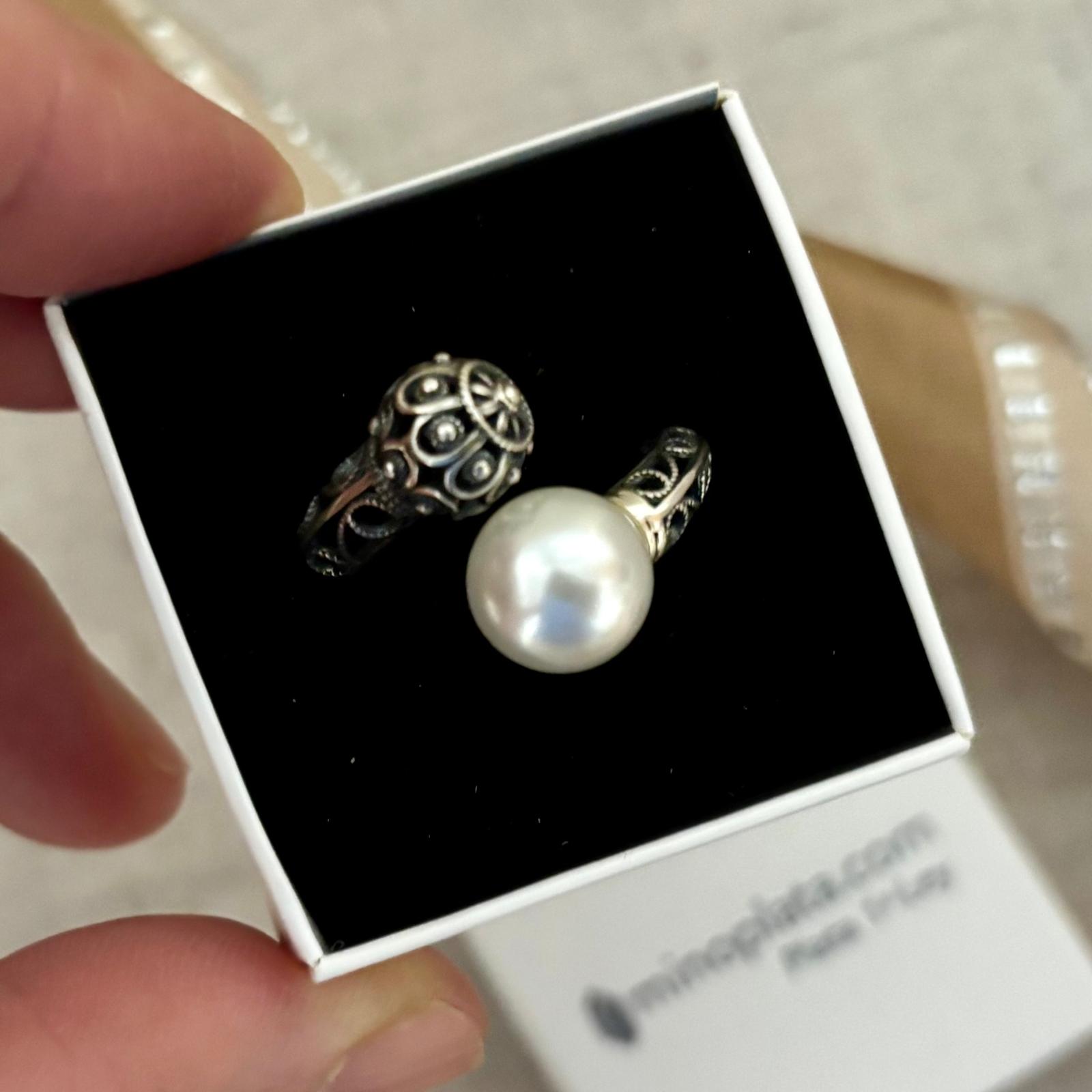 Anillo calado Perla y bola de Plata de ley envejecida 3
