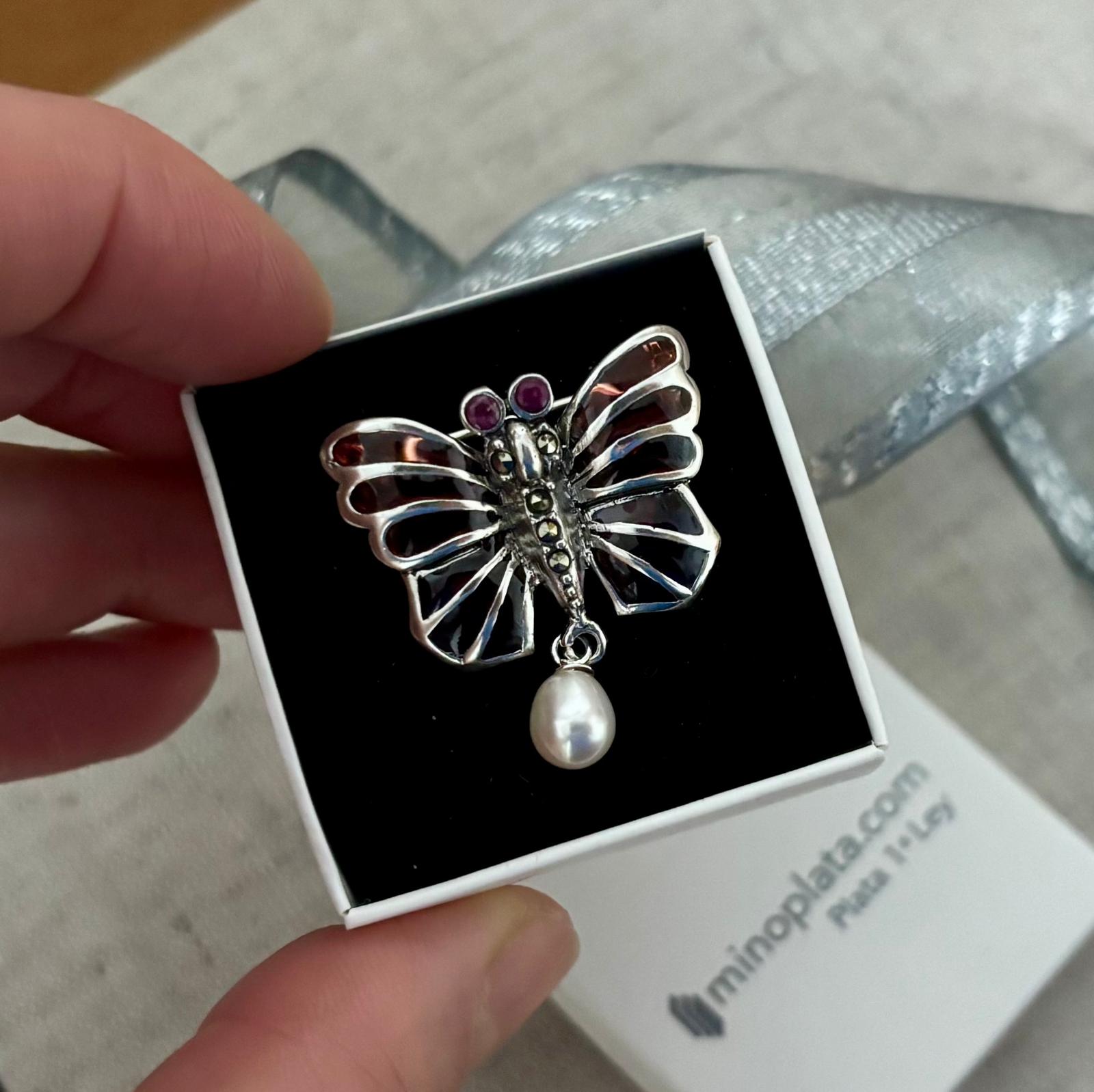 Broche mariposa de Plata vieja con Perla colgante 5