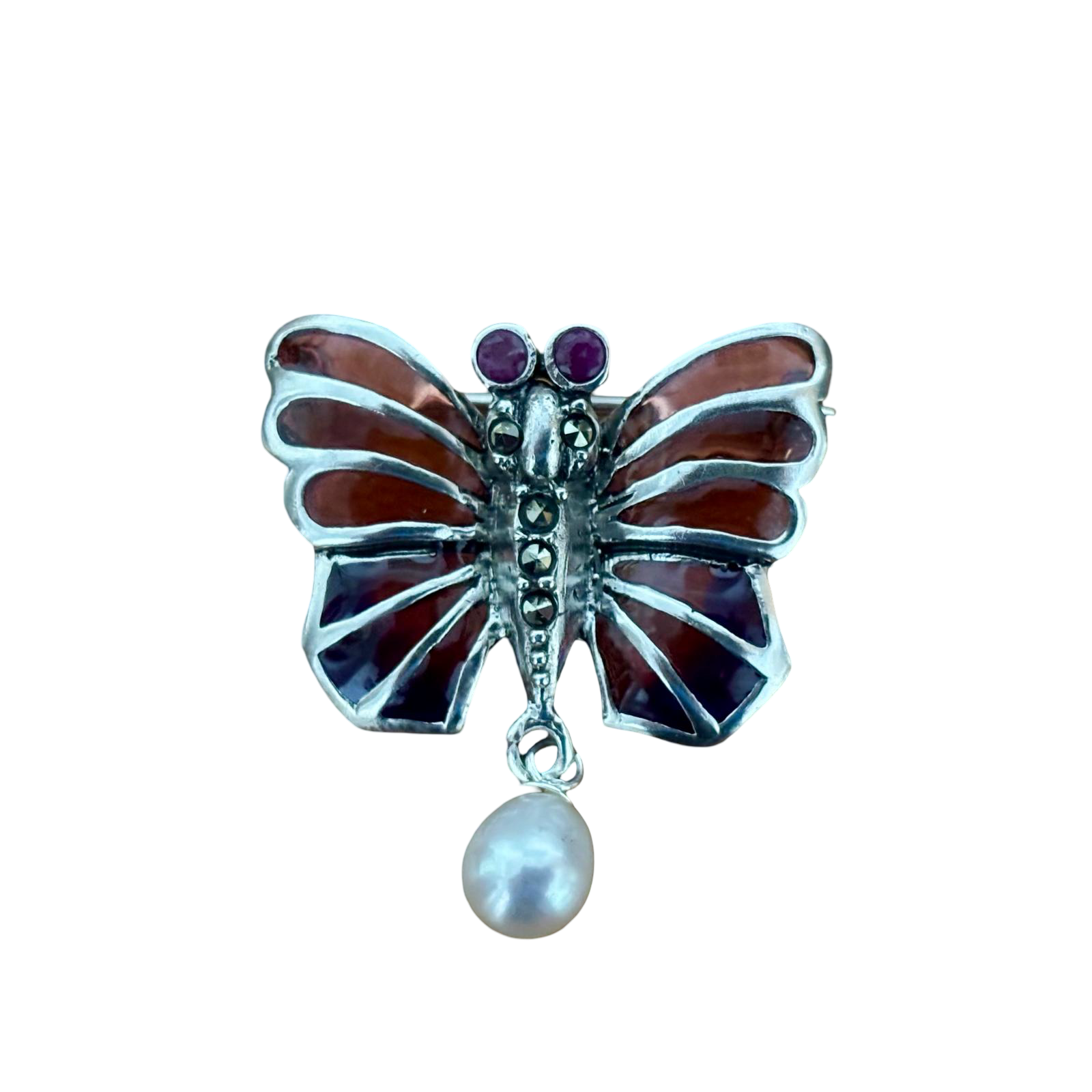 Broche mariposa de Plata vieja con Perla colgante