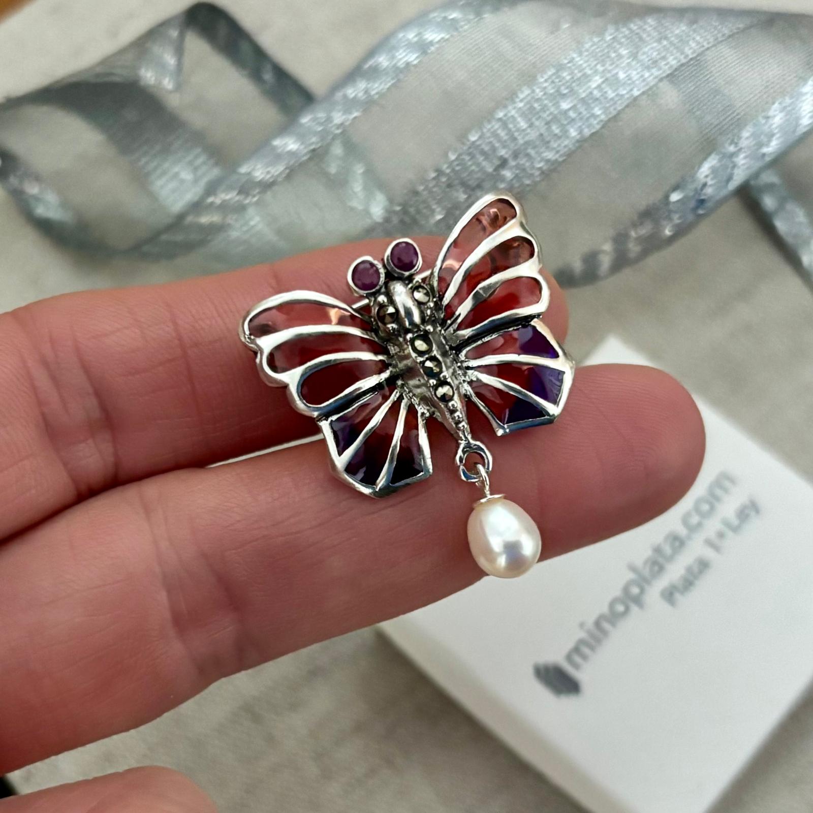 Broche mariposa de Plata vieja con Perla colgante 4