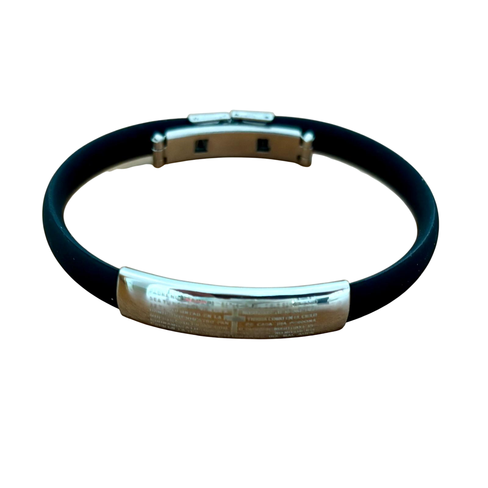 Pulsera unisex Padre Nuestro de Acero y Caucho negro